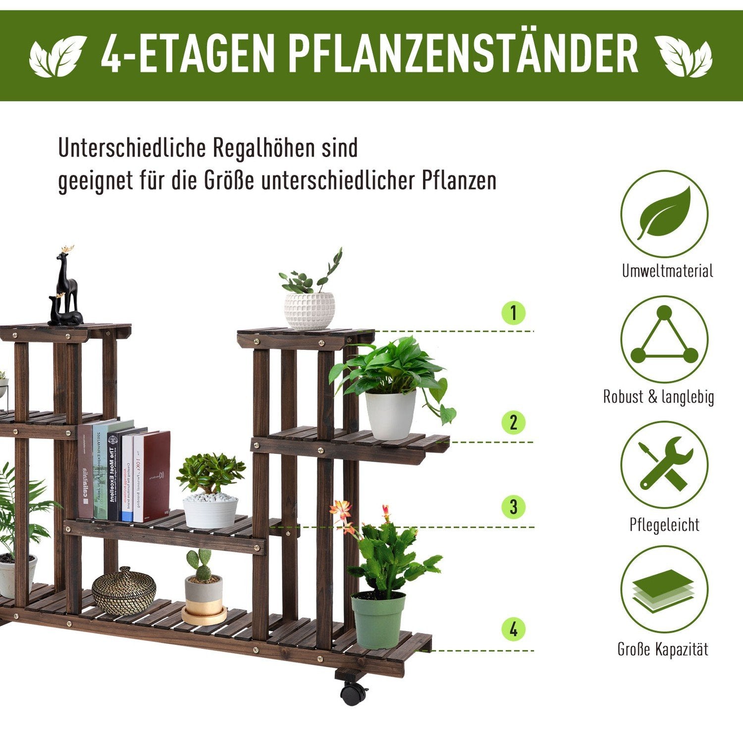 Blomsterstand Plantehylde, Fire Blomster Blomsterhylde, Massivt Træ, Forkullede, 123,5X33X80Cm