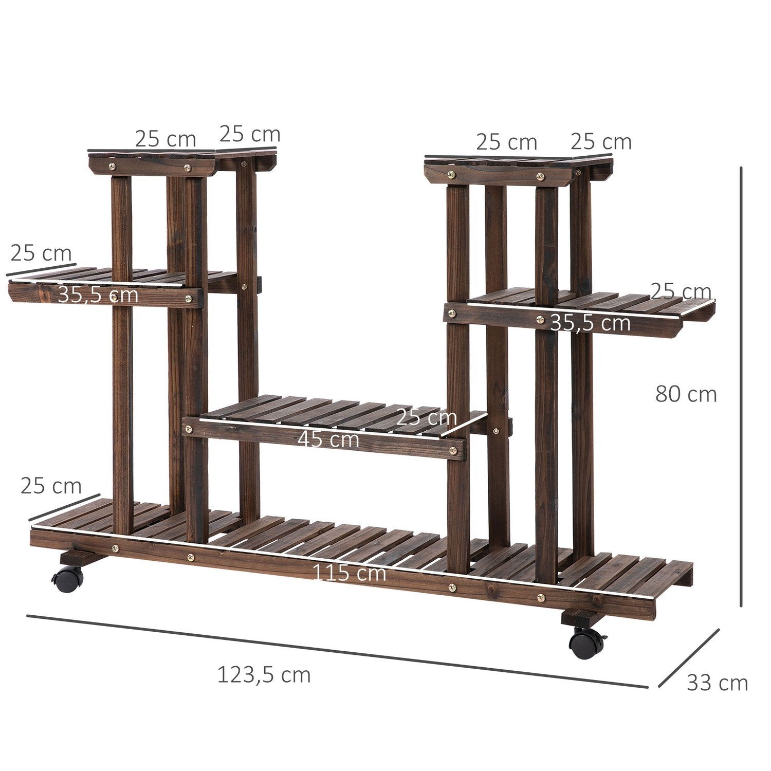 Blomsterstand Plantehylde, Fire Blomster Blomsterhylde, Massivt Træ, Forkullede, 123,5X33X80Cm