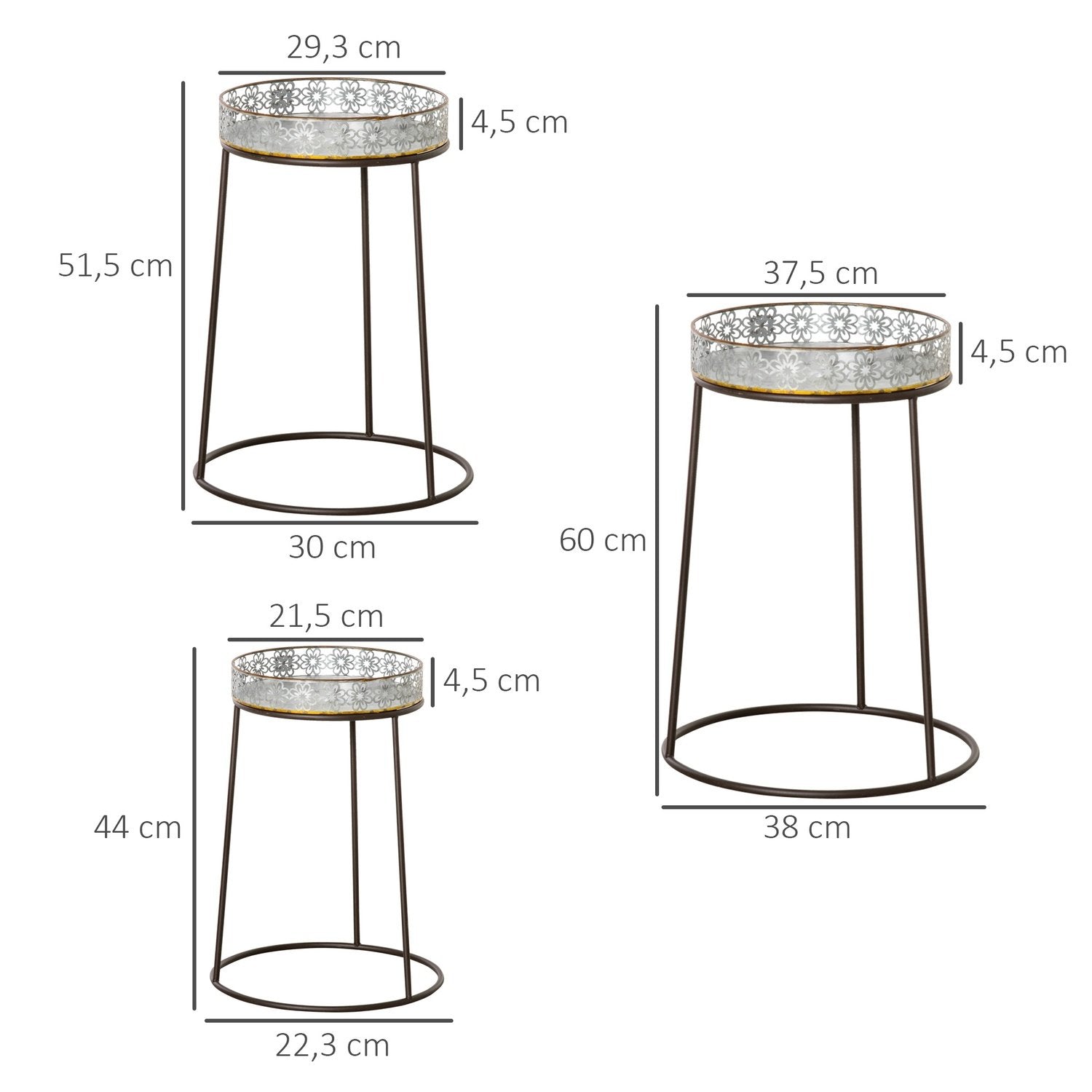 Blomsterstandsæt med 3 plantestativer i metal, stabelbare blomsterpaller i kaffe + sølv, til urtepotter