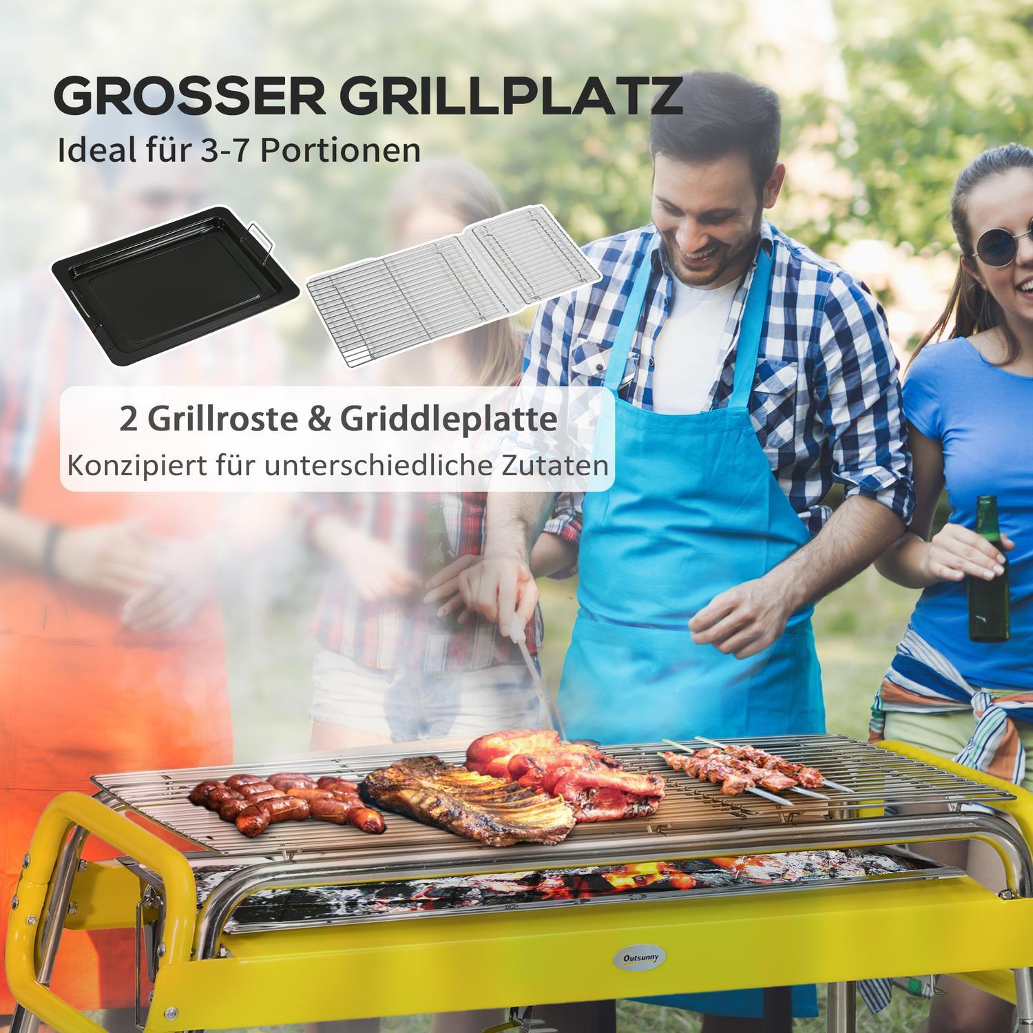 Sammenklappelig kulgrill, grill med 2 grillriste, grillplade, sammenklappelige ben, aftagelig kulbakke, rustfrit stål