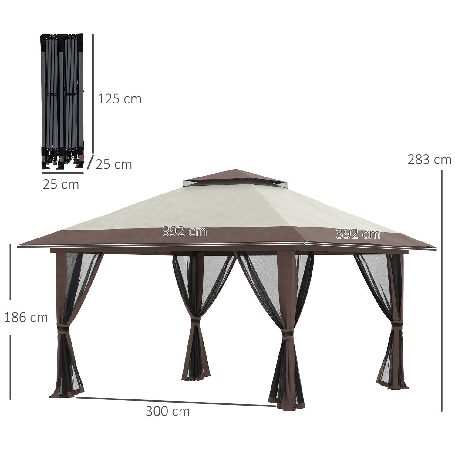 Foldepavillon 4X4M Højdejusterbar havepavillon med UV-beskyttelse og meshgardiner, dobbelttag, beige