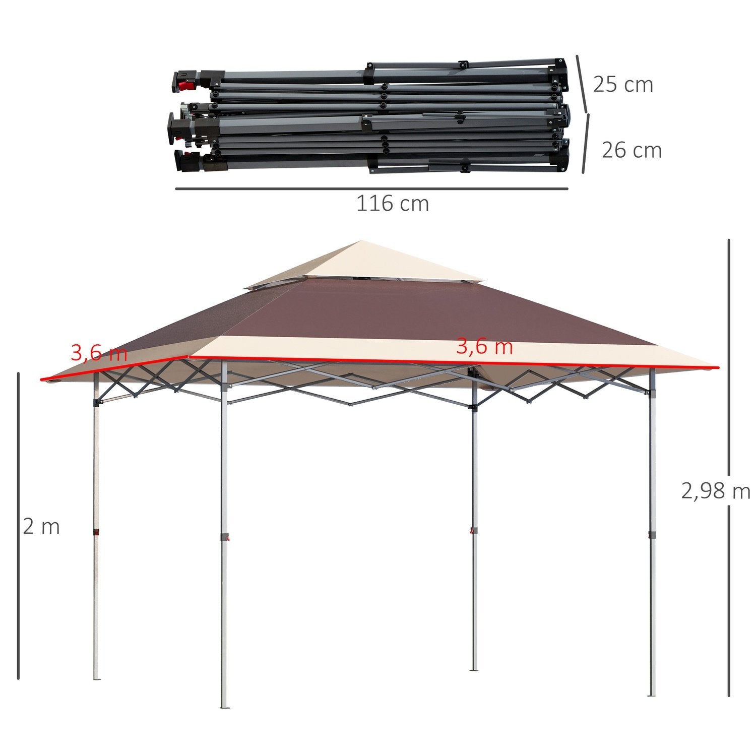 Foldepavillon Pop Up telt Havepavillon Rulletaske Oxford stof 3,6 X 3,6 M Mørkebrun + Khaki