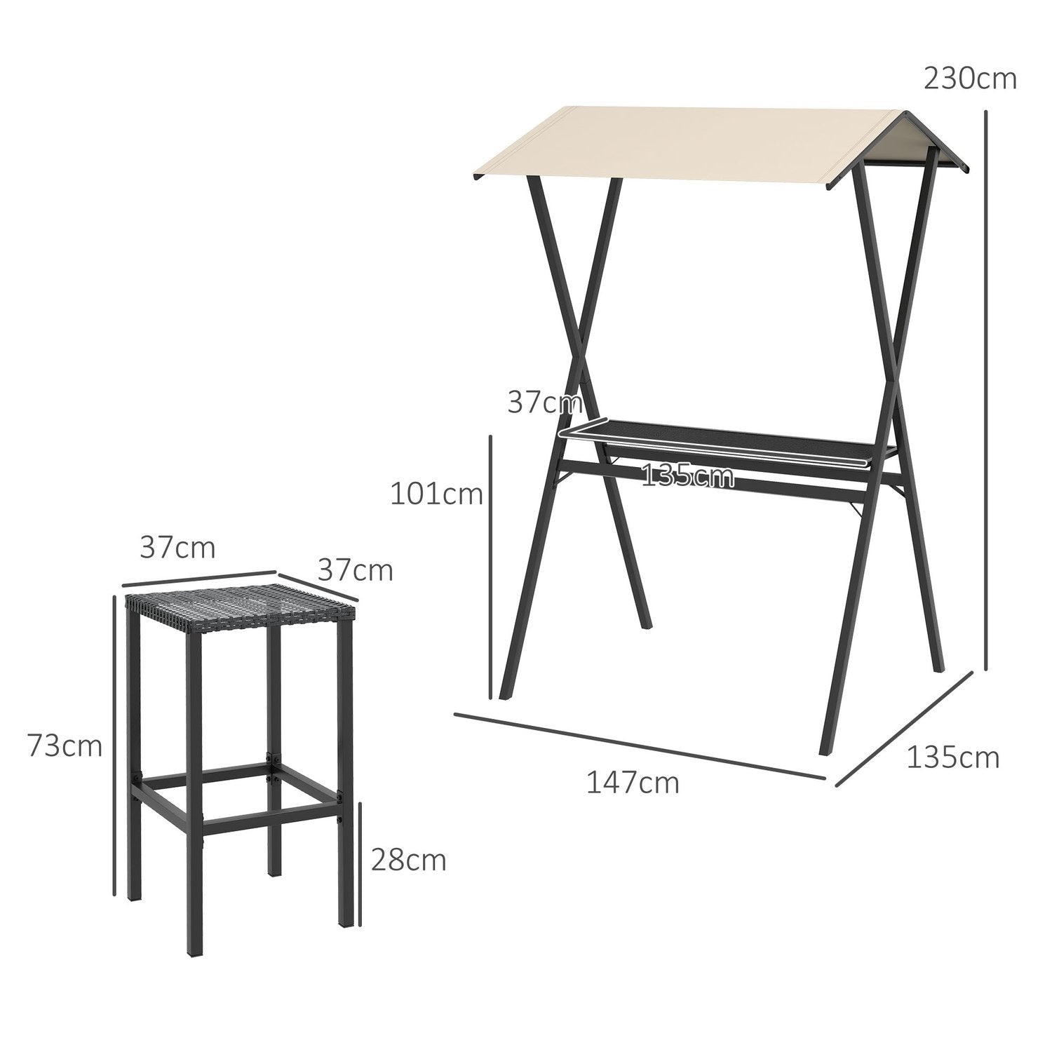 Havebar sæt rattan barbord med 4 barstole, barbord med tag, siddeområde, fodstøtte, sort, stål, til have og altan