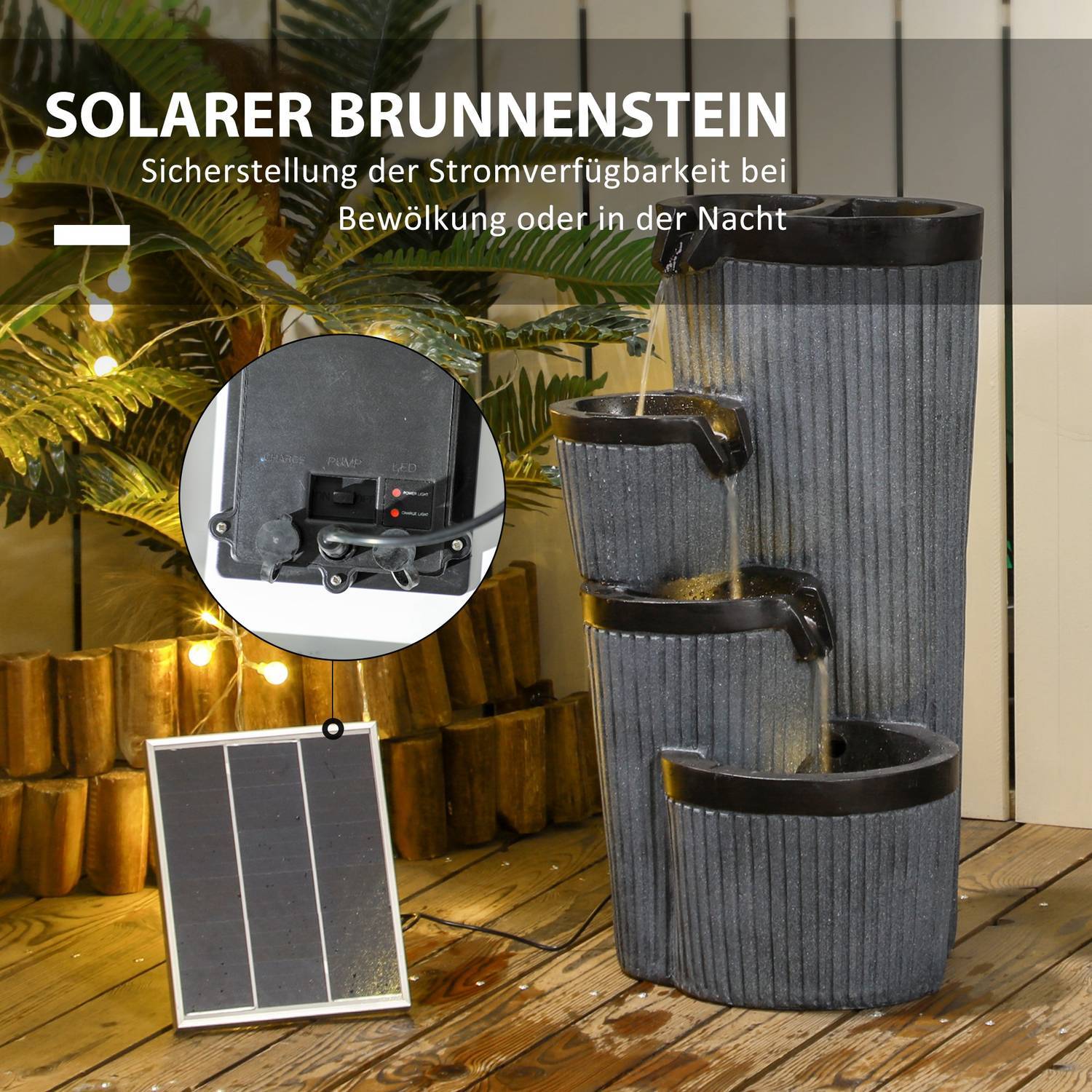 Havefontæne Solar Fountain Led Belysning 4 Niveauer Dekorativ Fontæne Blomsterkasse Balkon Syntetisk harpiks 33 X 30 X 57,5 ​​Cm