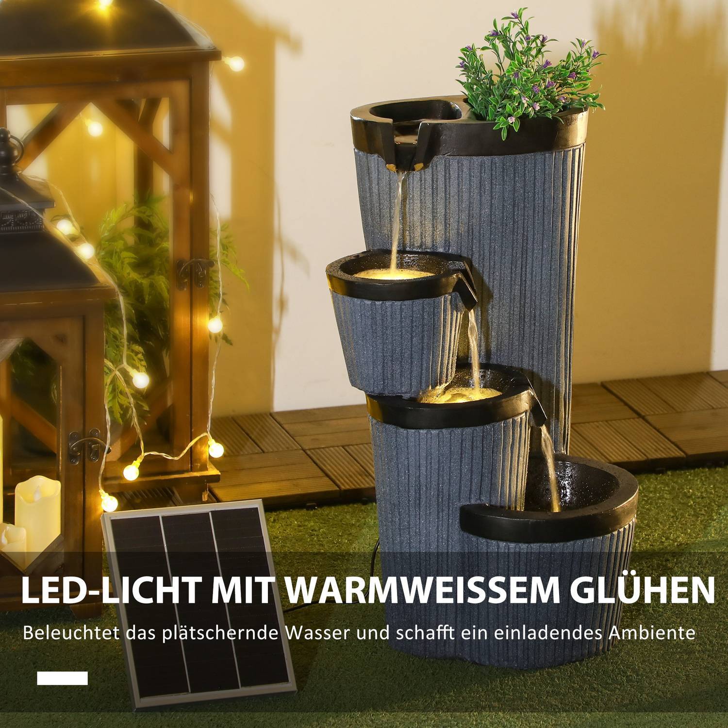 Havefontæne Solar Fountain Led Belysning 4 Niveauer Dekorativ Fontæne Blomsterkasse Balkon Syntetisk harpiks 33 X 30 X 57,5 ​​Cm