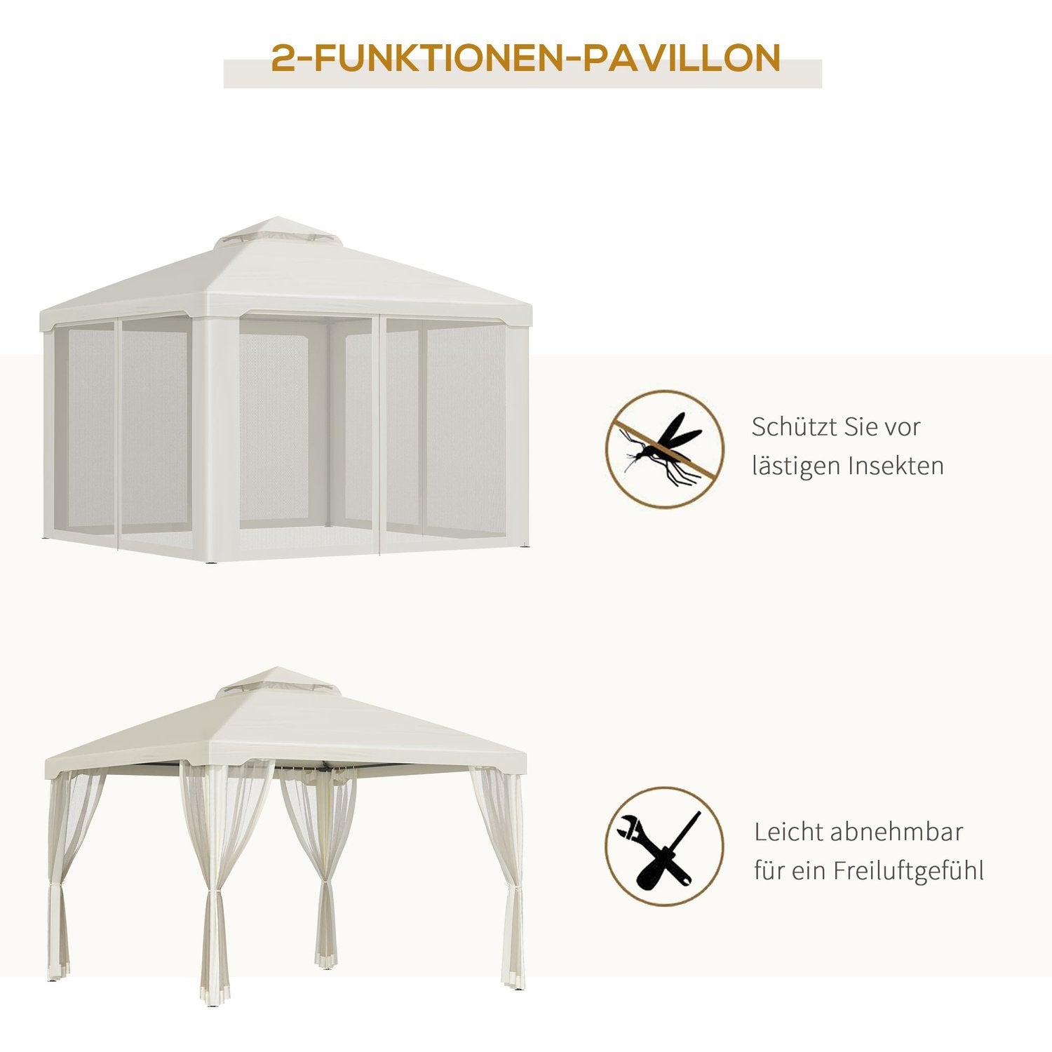 Havepavillon 3X3X2.6M Pavillon Havetelt med 4 sidevægge, vejrbestandig, metal + polyester, cremehvid