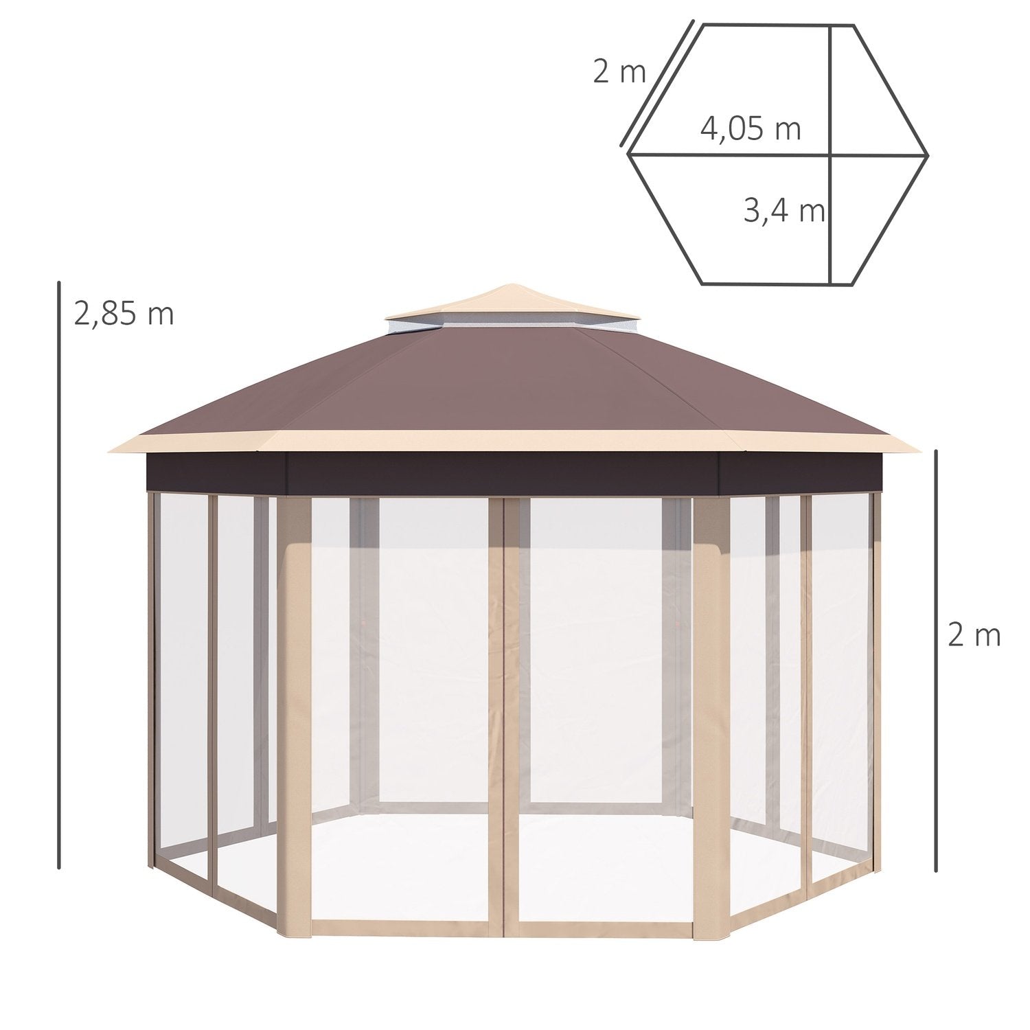 Havepavillon Foldepavillon 4X4M pop-up telt med bæretaske, 6 sidepaneler, dobbelt tag, sekskantet, beige+khaki