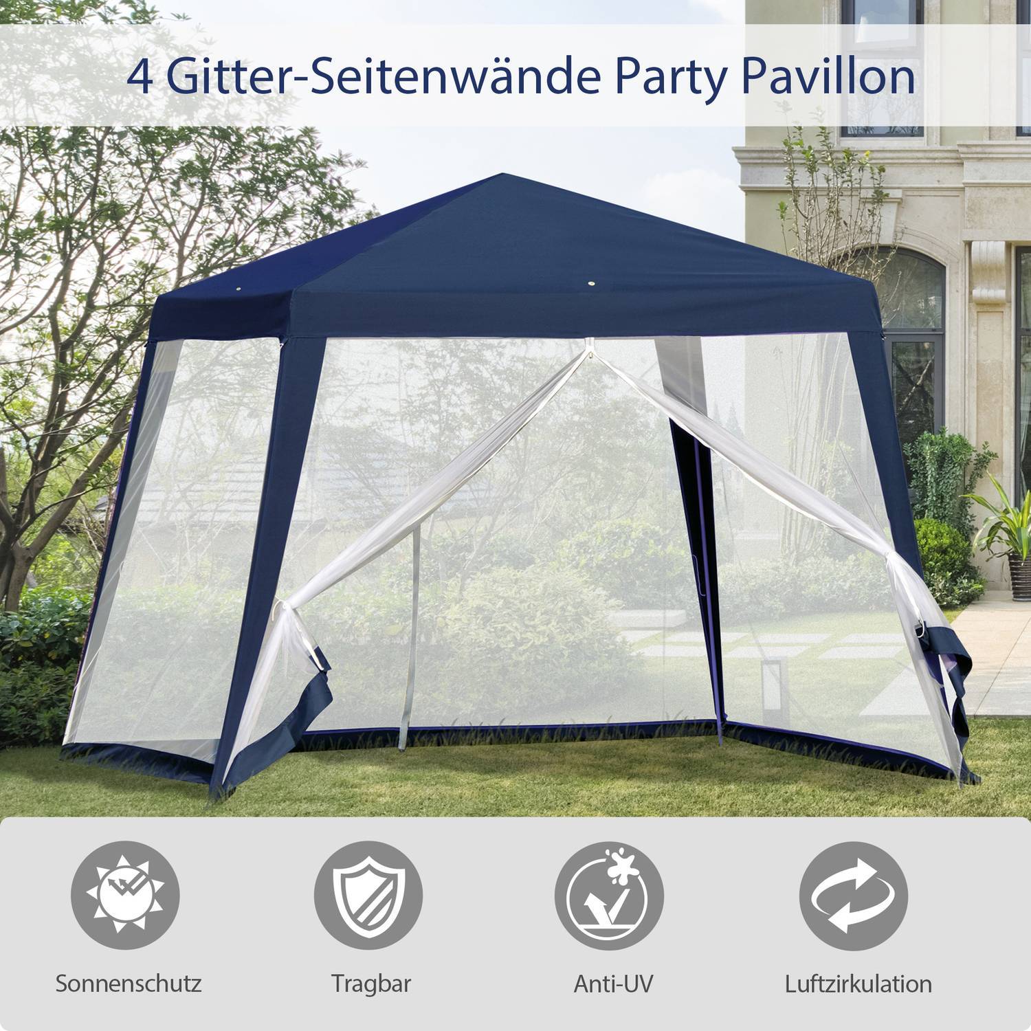 Garden Gazebo Marquee Partytält Väderbeständigt Myggnät Metall Polyester Blå 3X3M