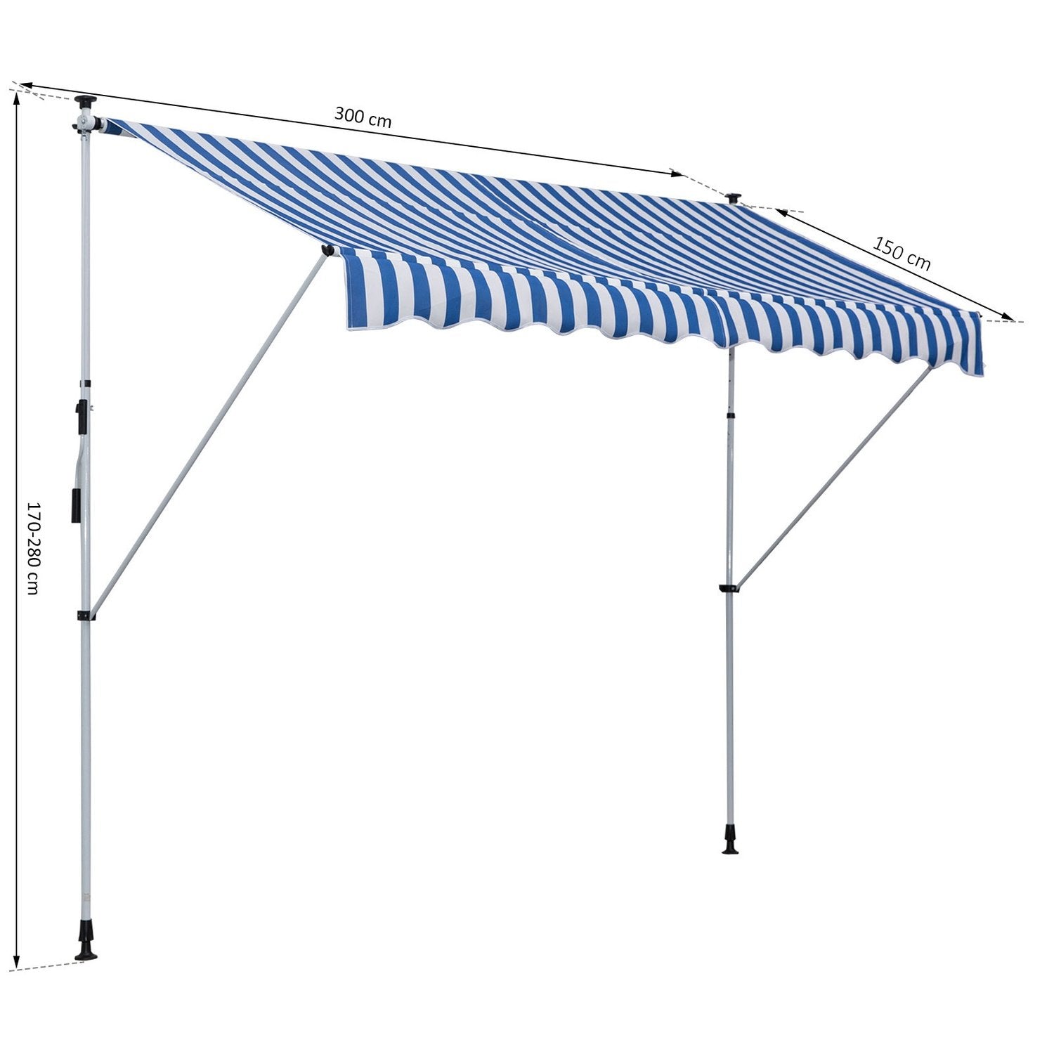 Markis, Vikarmsmarkis, Klämmarkis, Höjdjusterbar, 300X150Cm, Blå/Vit, Aluminium