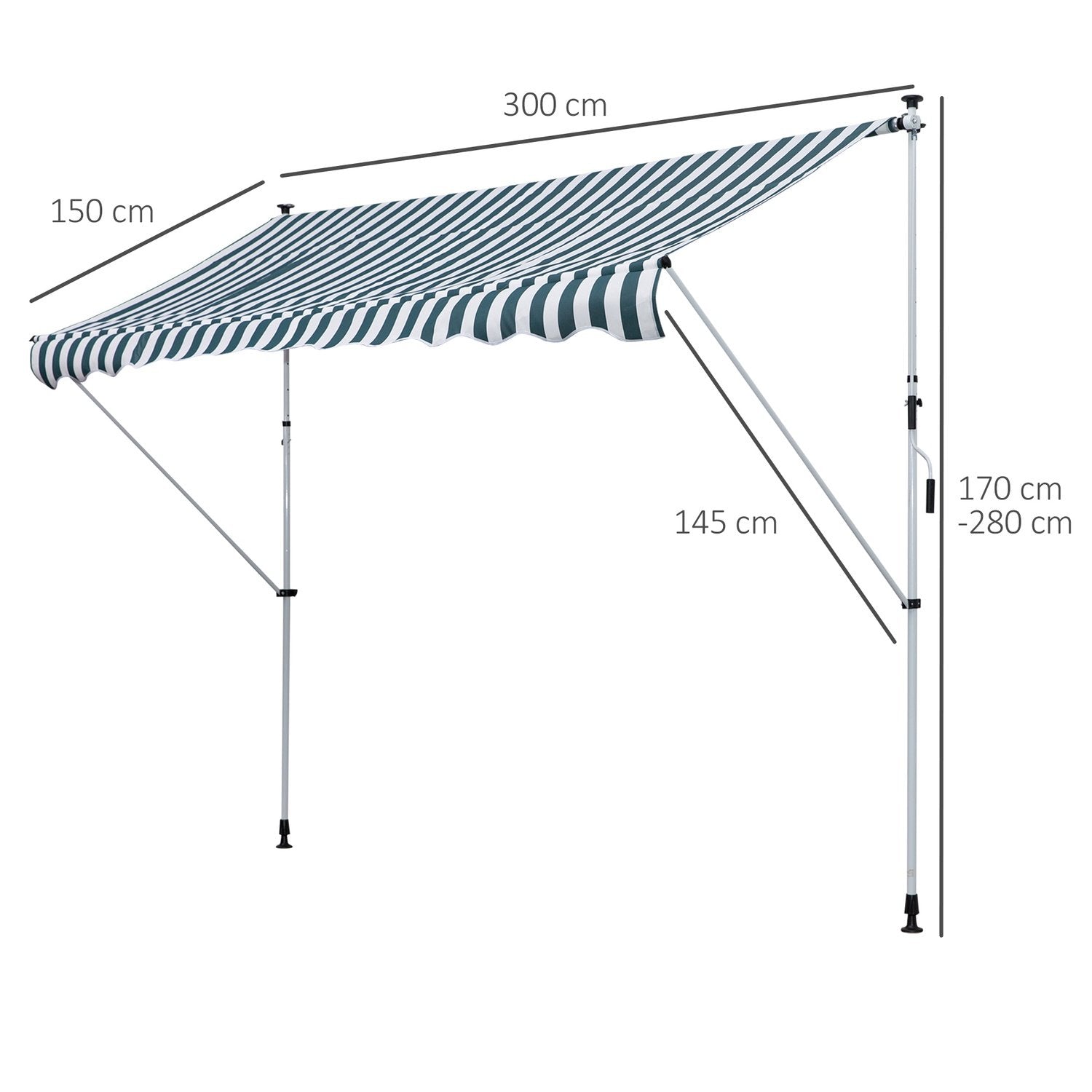 Markise, Foldearmsmarkise, Klemmemarkise, Højdejusterbar, Solskærm Med Foldearm Og Håndsving, Balkon, Aluminium, Grøn + Hvid, 300X150Cm