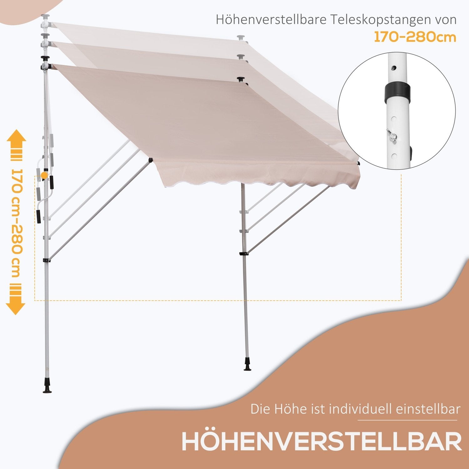 Markise, Foldearmsmarkise, Højdejusterbar klemmemarkise, 200X150Cm, ​​Cremehvid, Aluminium