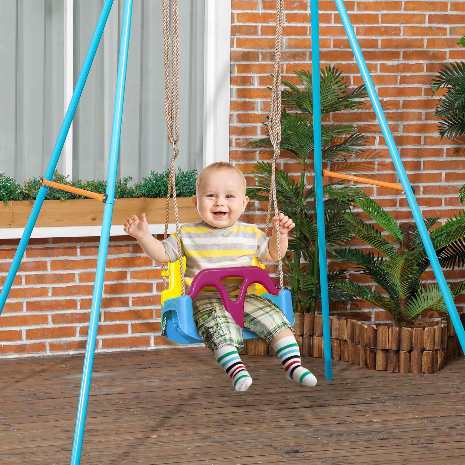 Babygynge, børnegynge med justerbart reb, 120-180 cm højdejusterbar, gyngestol til børn fra 9 måneder, blå + gul + lilla