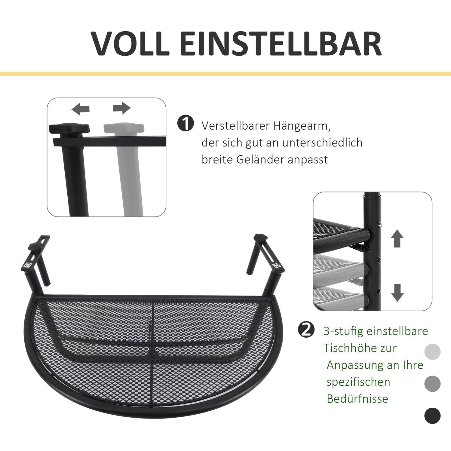 Outsolny Balkonghängbord Höj- Och Sänkbart Halvrund Metall Ø30Cm