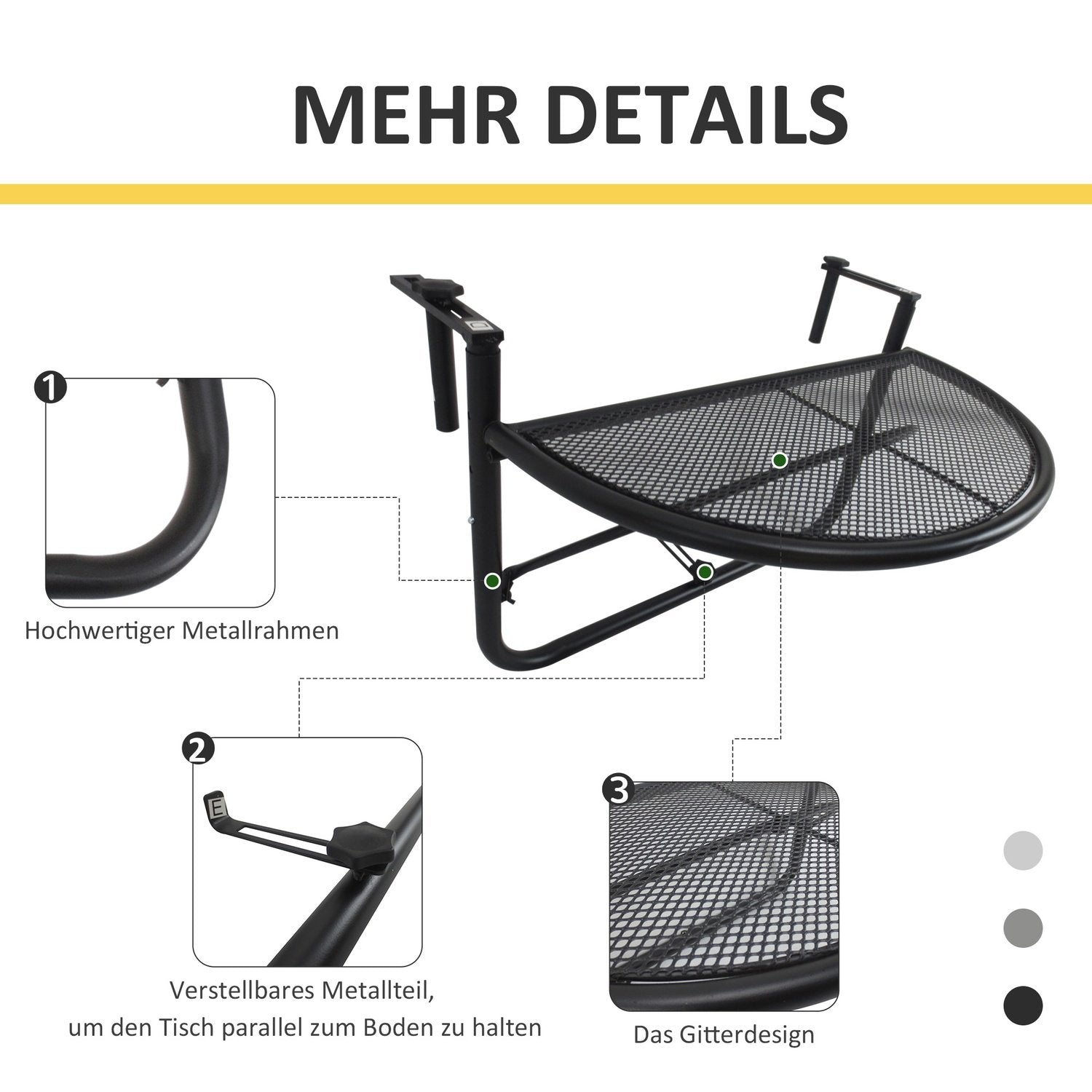 Outsolny Balkonghängbord Höj- Och Sänkbart Halvrund Metall Ø30Cm