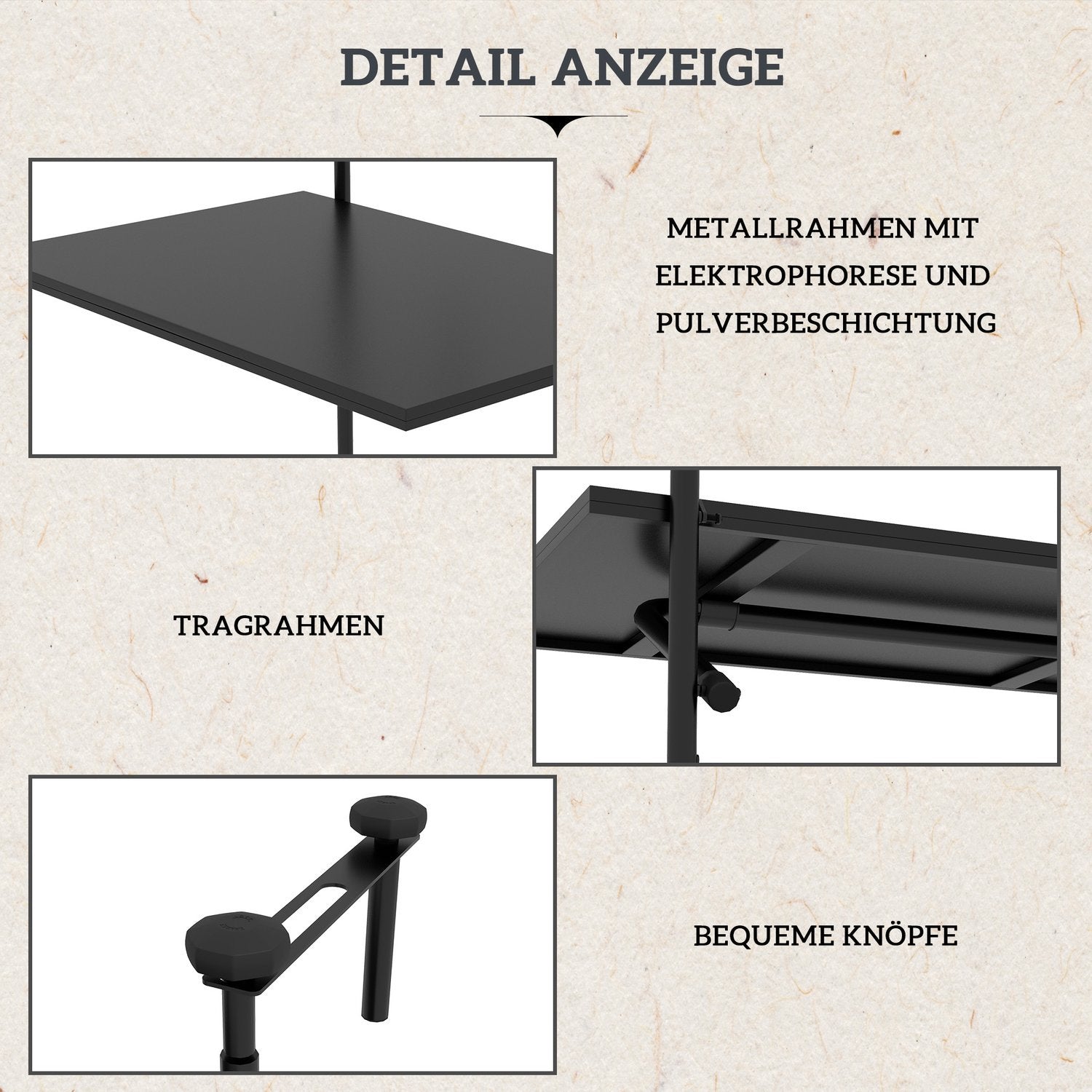 Balkonbord til ophæng, foldbart hængebord, 3-vejs højdejusterbart, op til 15 kg, 62X60 cm, sort