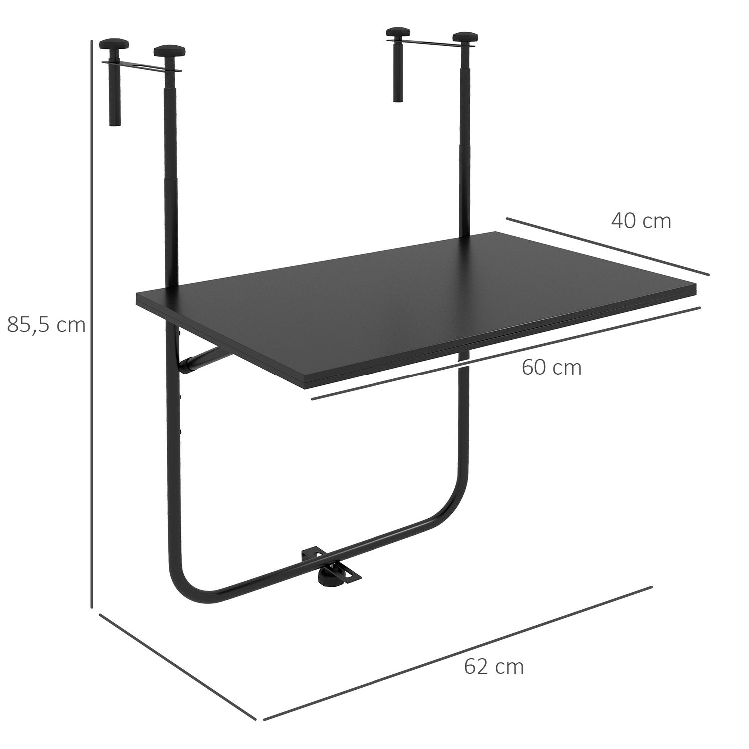 Balkonbord til ophæng, foldbart hængebord, 3-vejs højdejusterbart, op til 15 kg, 62X60 cm, sort