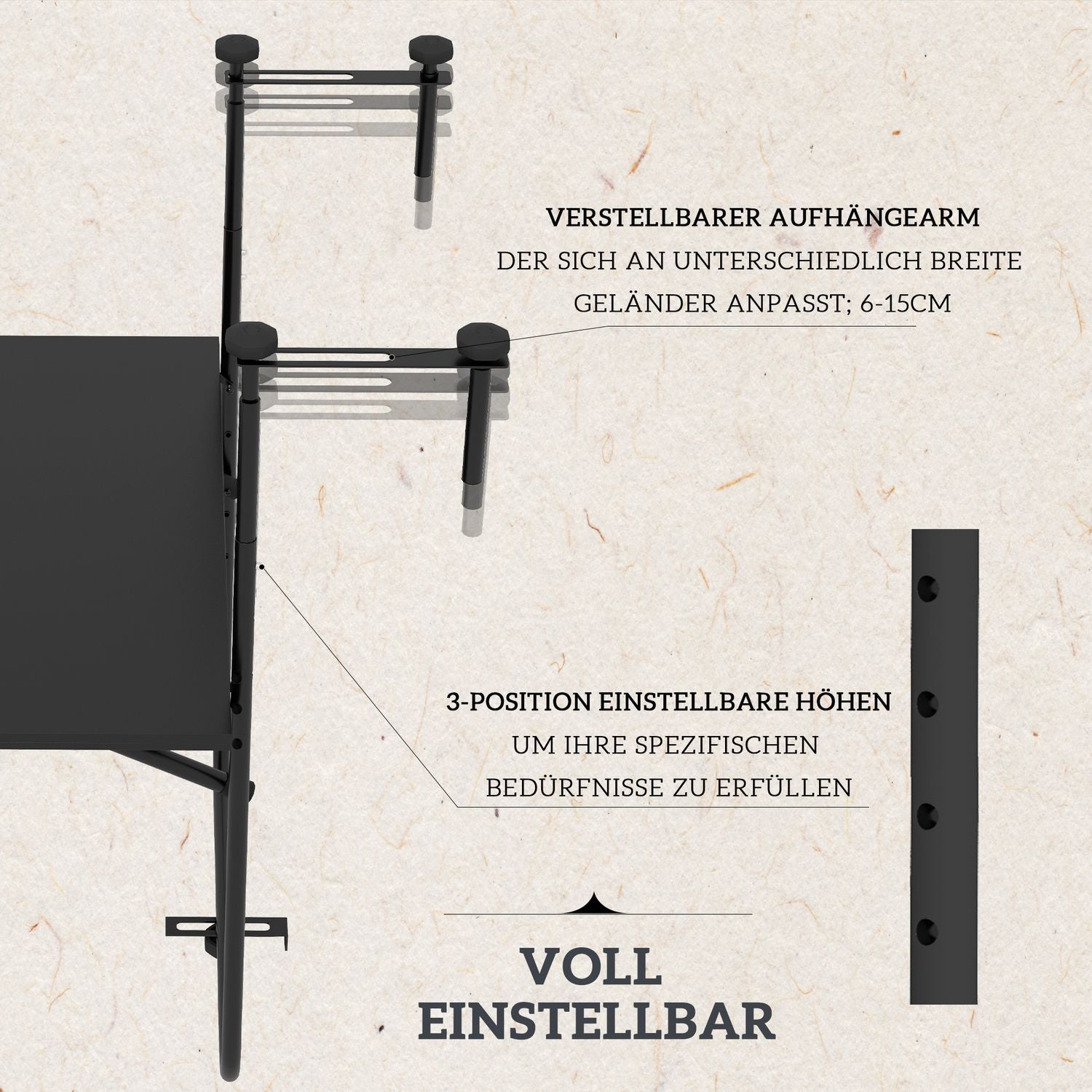 Balkonbord til ophæng, foldbart hængebord, 3-vejs højdejusterbart, op til 15 kg, 62X60 cm, sort