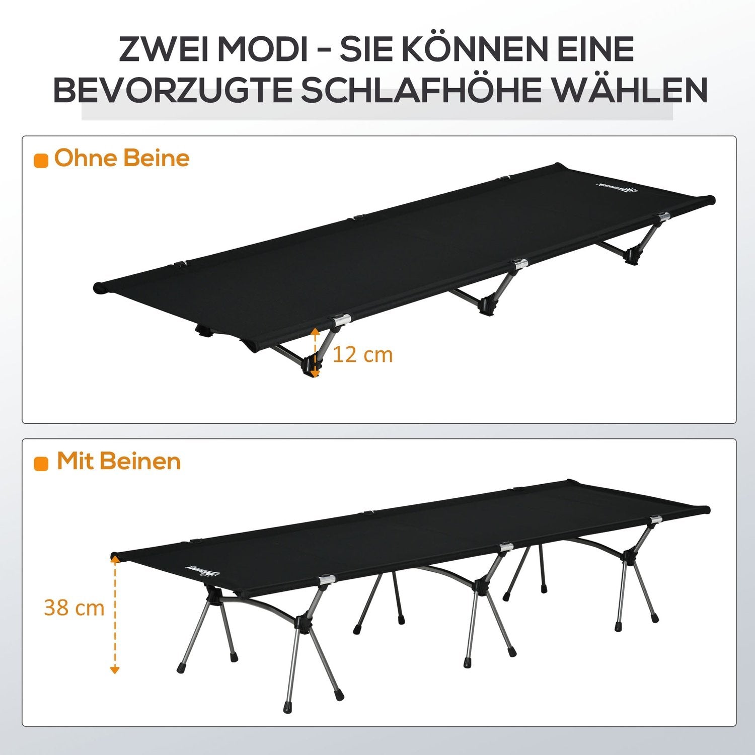 Campingseng, foldeseng i aluminium med bæretaske, højdejusterbar, sort, 190x65x38 cm, op til 150 kg