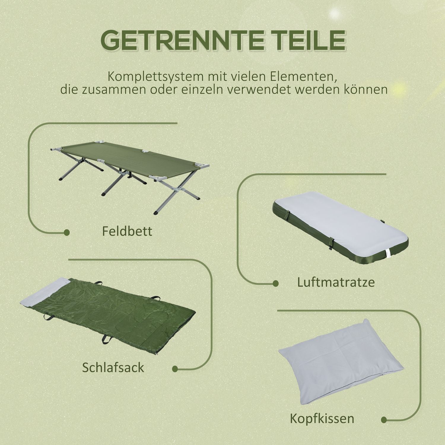 Campingseng, enkeltseng, teltseng med pude, sammenklappelig rejseseng med robust stålramme, bæreevne op til 120 kg, Oxford Green