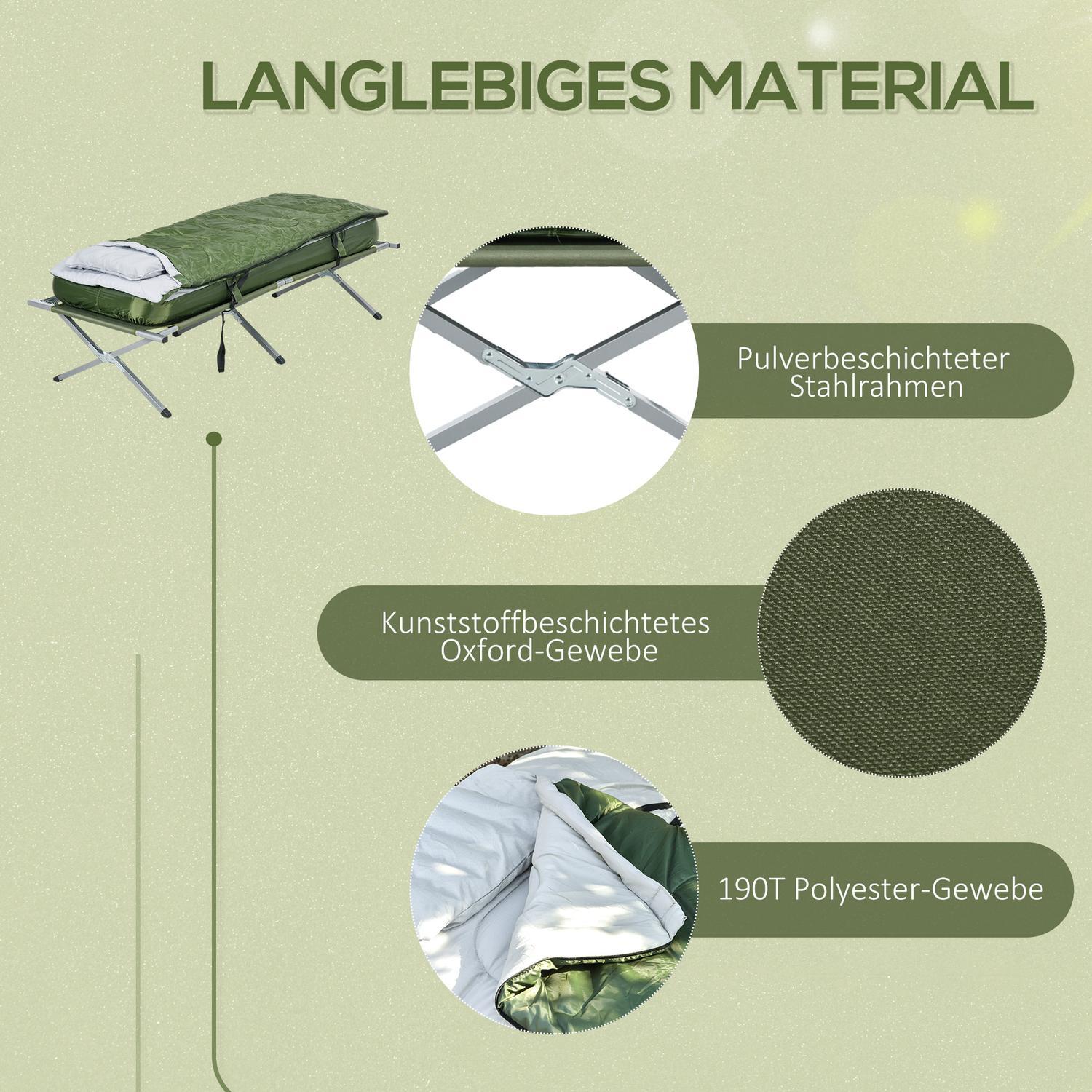 Campingseng, enkeltseng, teltseng med pude, sammenklappelig rejseseng med robust stålramme, bæreevne op til 120 kg, Oxford Green