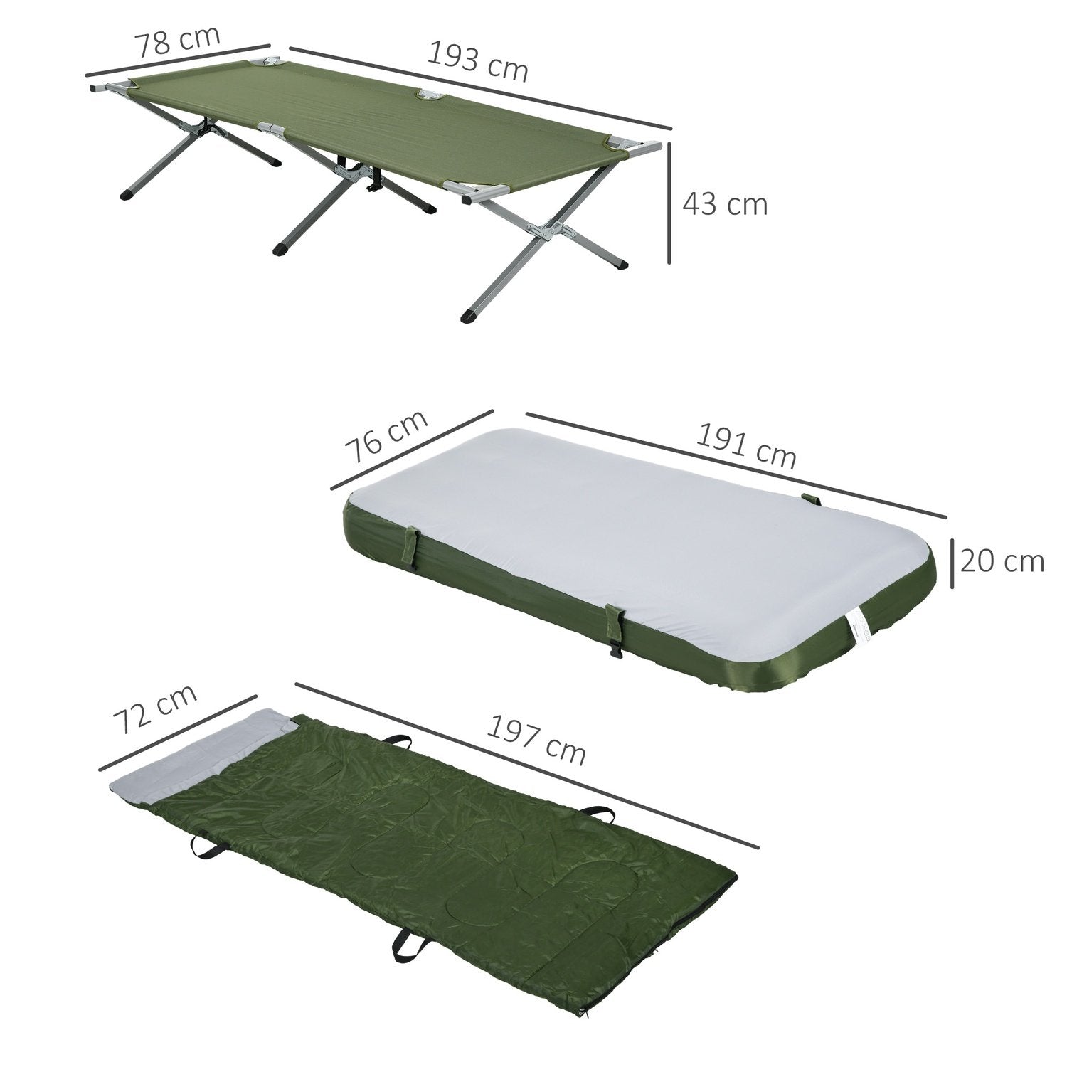 Campingseng, enkeltseng, teltseng med pude, sammenklappelig rejseseng med robust stålramme, bæreevne op til 120 kg, Oxford Green