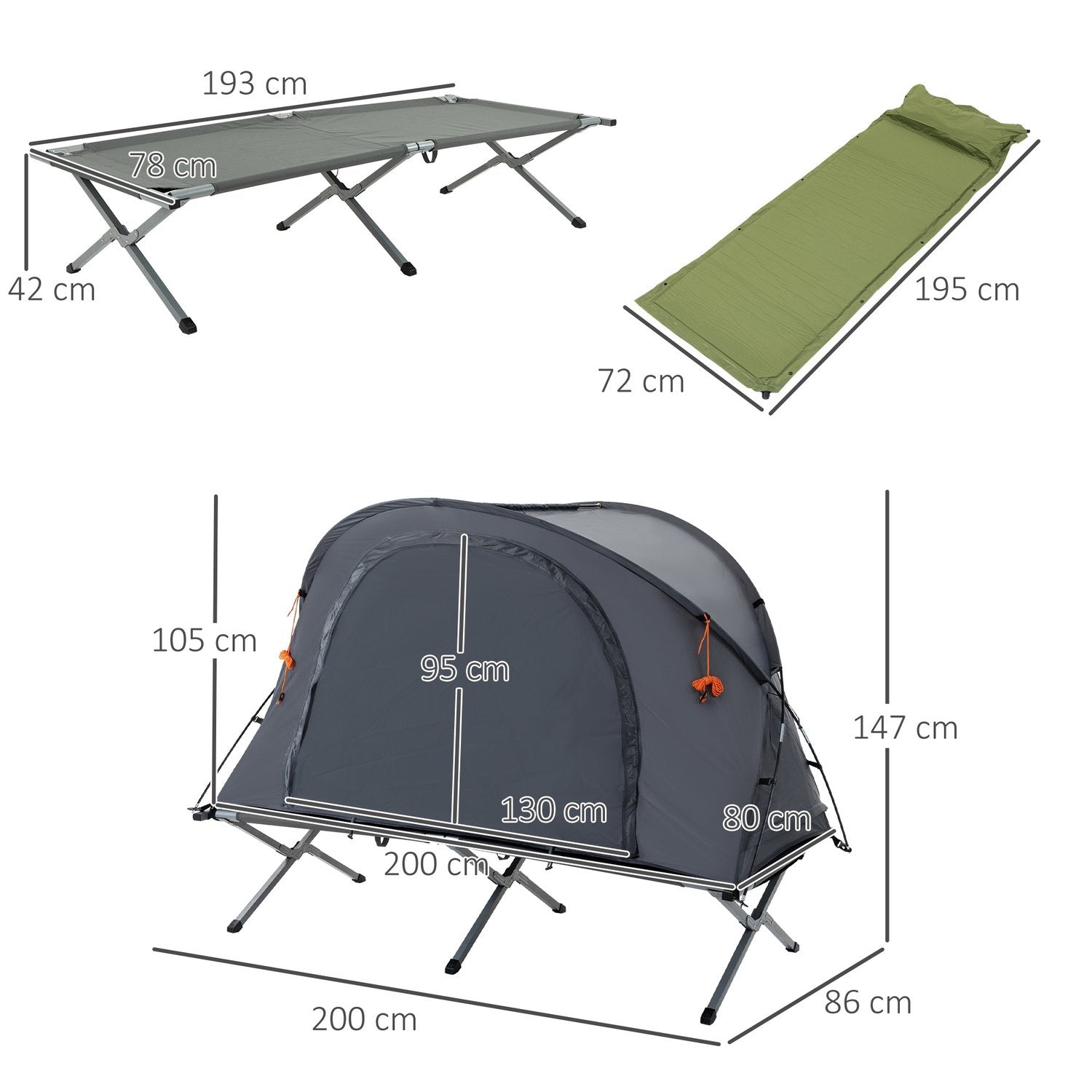 Campingseng med telt Højteltseng til 1 person Kuppeltelt med luftmadras inklusive bæretaske Grå 200 X 86 X 147 Cm