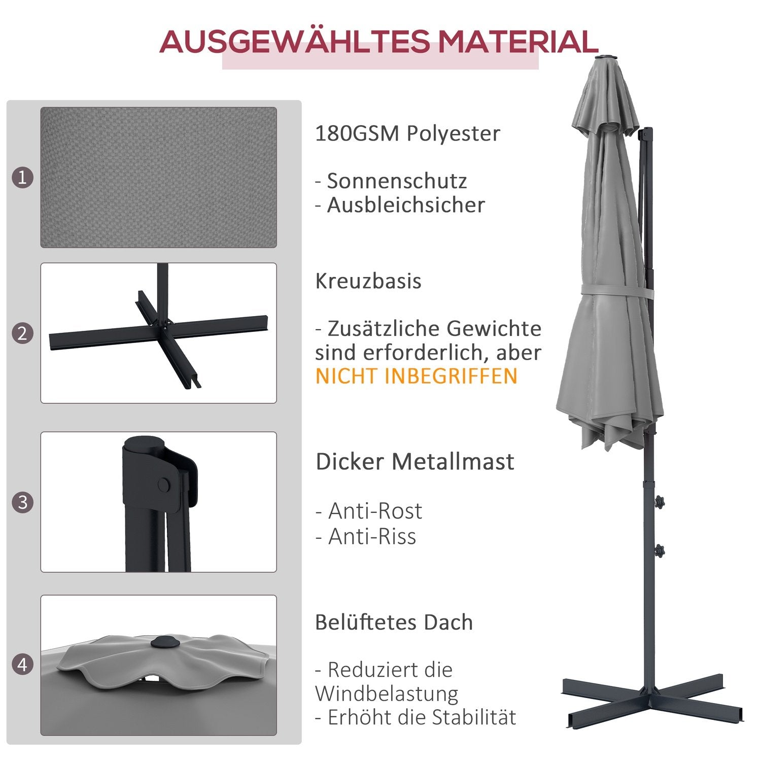 Cantilever paraply Ca. Ø3 M Parasol med håndsving, skrå markedsparaply, roterende haveparaply til altan, terrasse, metal, mørkegrå.