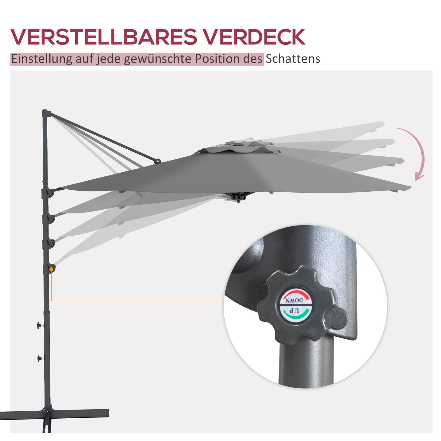 Cantilever paraply Ca. Ø3 M Parasol med håndsving, skrå markedsparaply, roterende haveparaply til altan, terrasse, metal, mørkegrå.