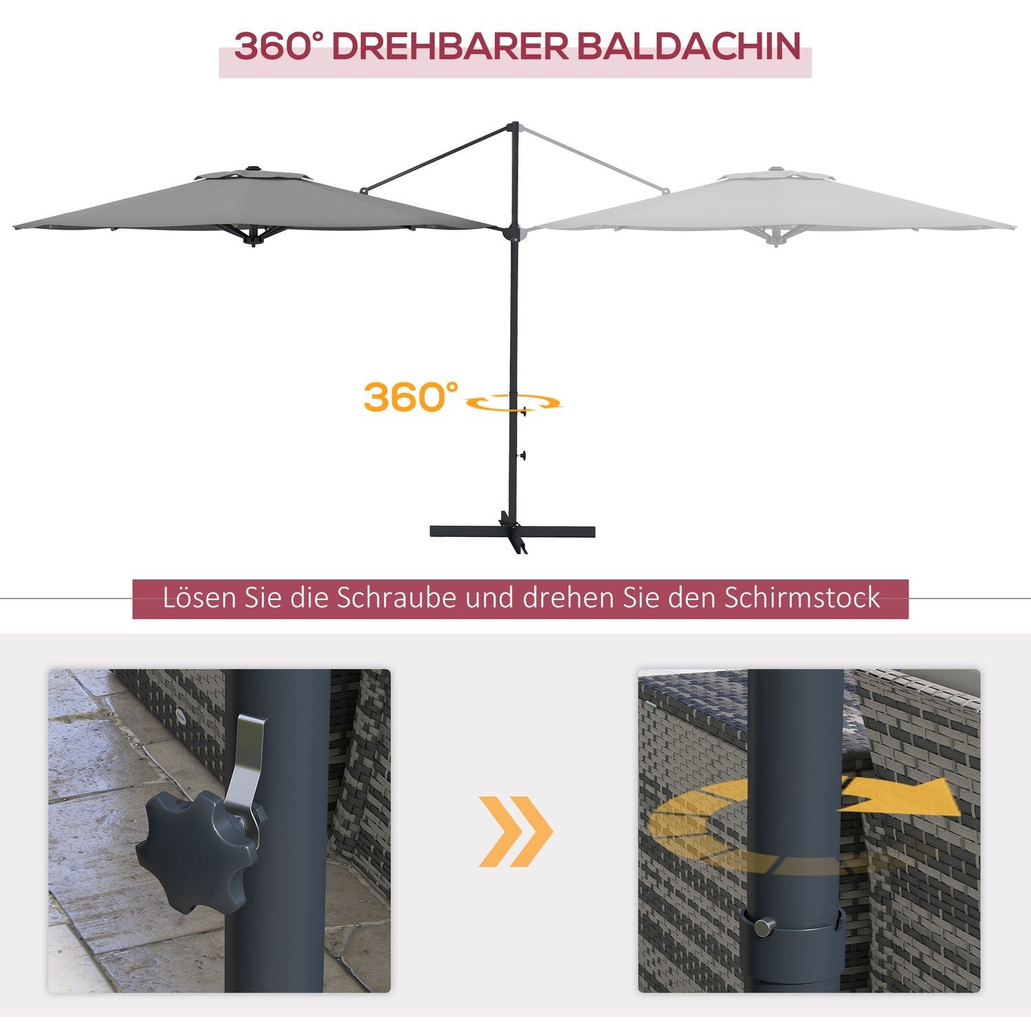 Cantilever paraply Ca. Ø3 M Parasol med håndsving, skrå markedsparaply, roterende haveparaply til altan, terrasse, metal, mørkegrå.