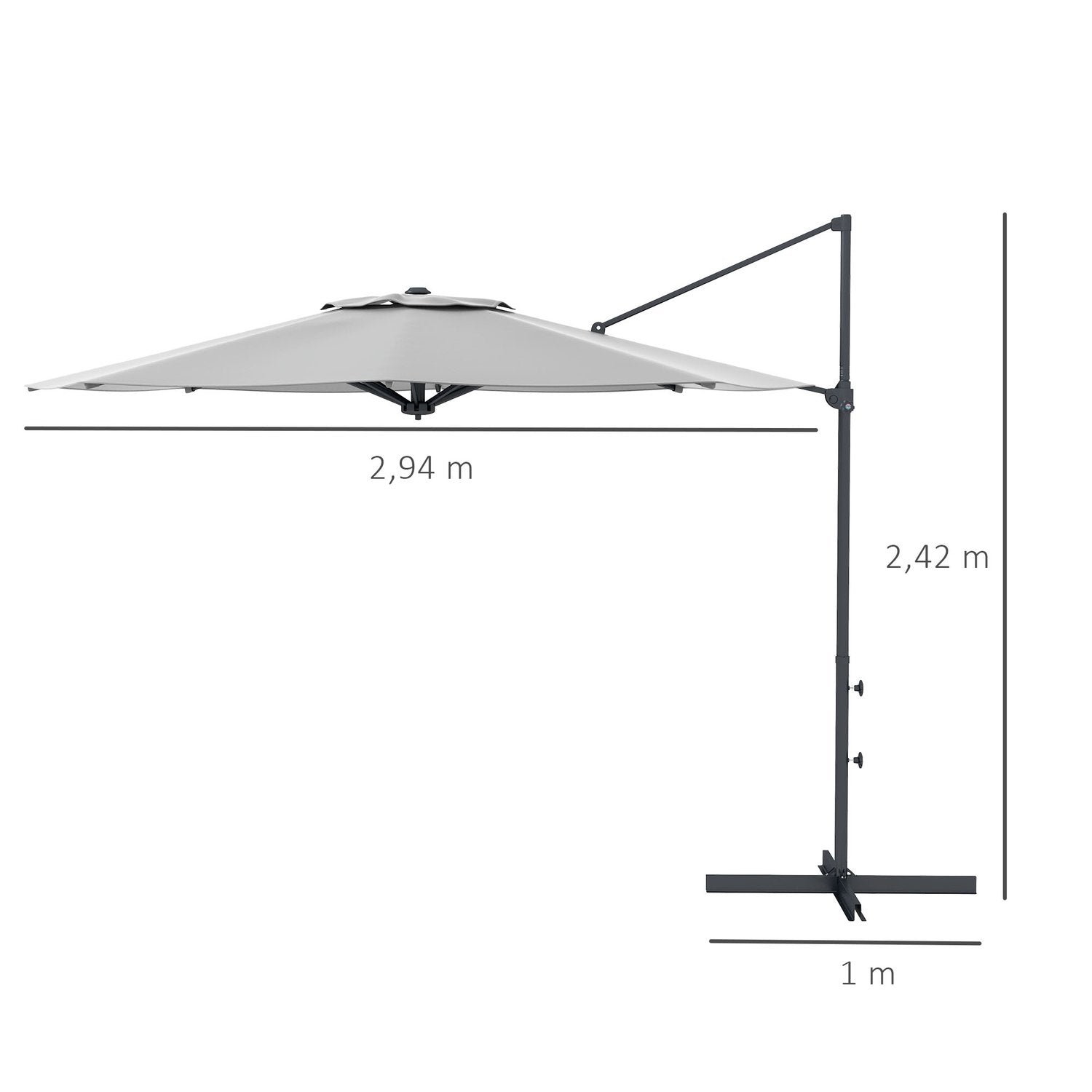 Cantilever paraply Ca. Ø3 M Parasol med håndsving, skrå markedsparaply, roterende haveparaply til altan, terrasse, metal, mørkegrå.