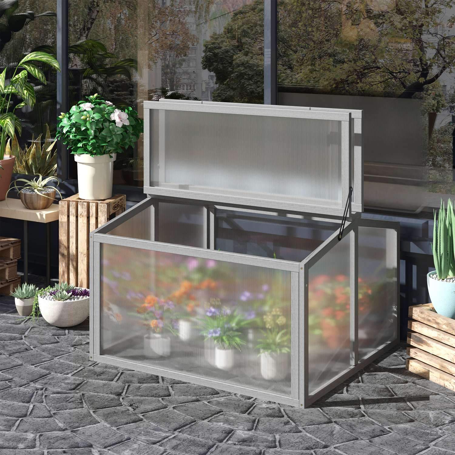 Cold Frame Drivhus Drivhus Cold Frame Box Planteseng med låg lavet af træ og polycarbonat Vejrbestandig lysegrå 90 X 80 X 58 Cm