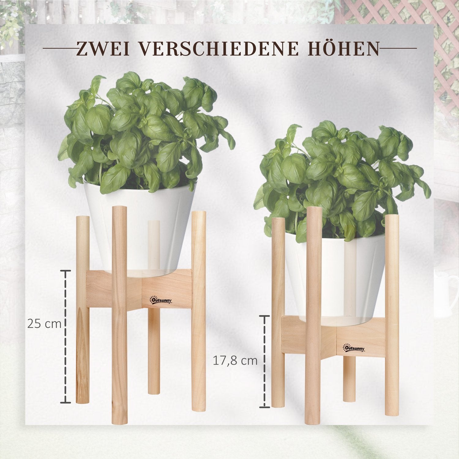 Blomsterstativer sæt af 2 lavet af træ, plantestativer med forskellige højder, blomsterstativer, natur