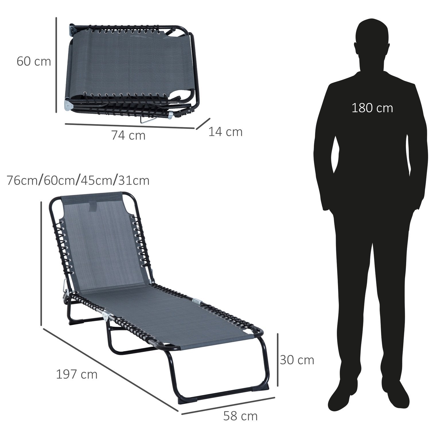 Sammenklappelig liggestol Havestol Sammenklappelig liggestol med 4-niveau justerbart ryglæn, stålnetstof, mørkegrå, 197X58X76Cm