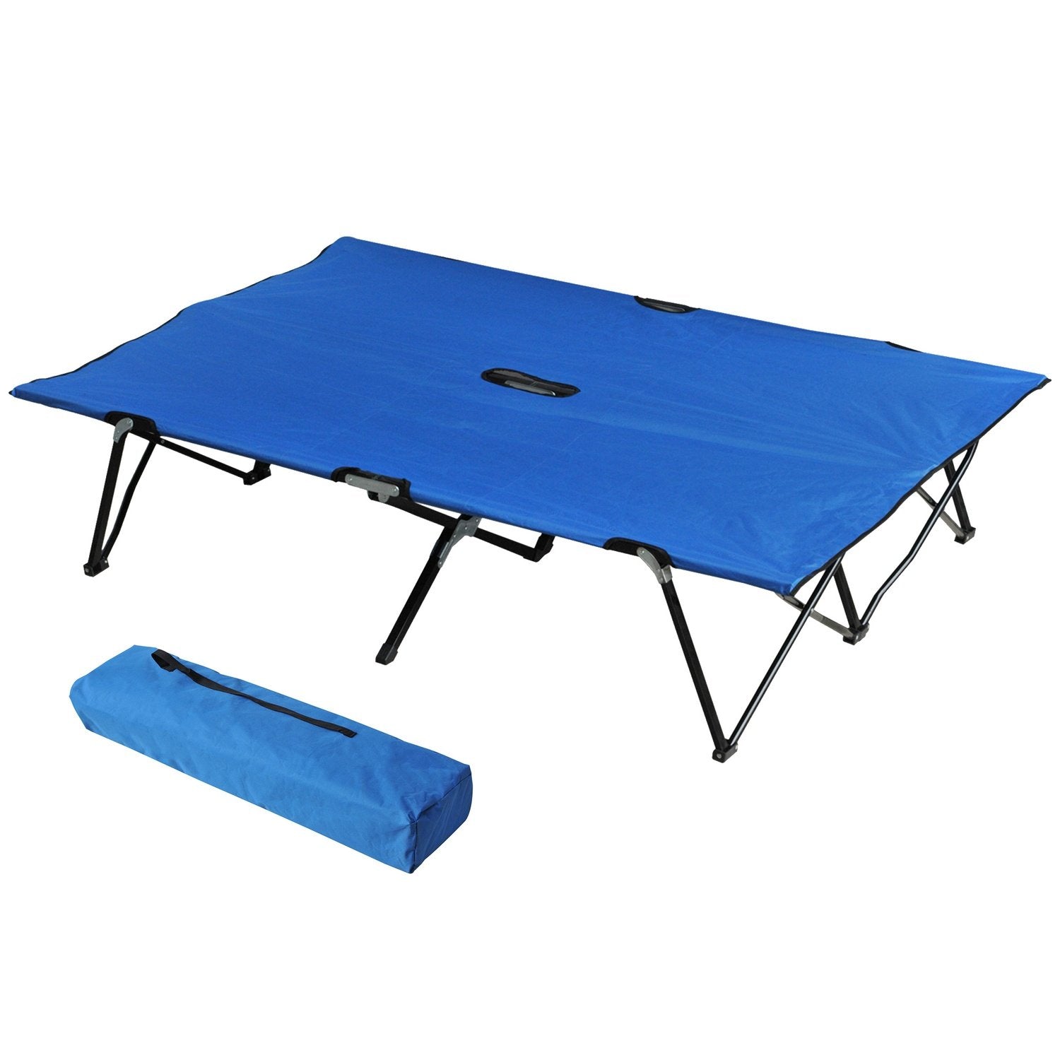 Sammenklappelig campingseng til 2 personer, teltseng med bæretaske, op til 136 kg, stål Oxford, blå + sort, 193X125X40Cm