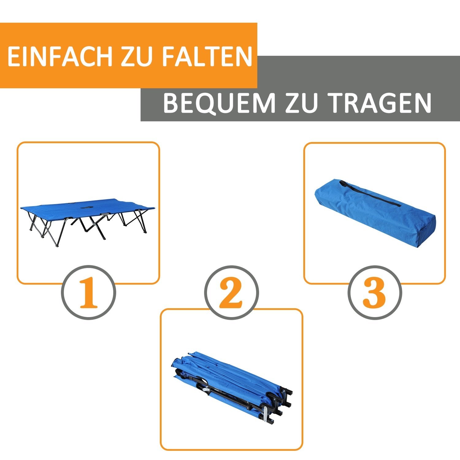 Sammenklappelig campingseng til 2 personer, teltseng med bæretaske, op til 136 kg, stål Oxford, blå + sort, 193X125X40Cm