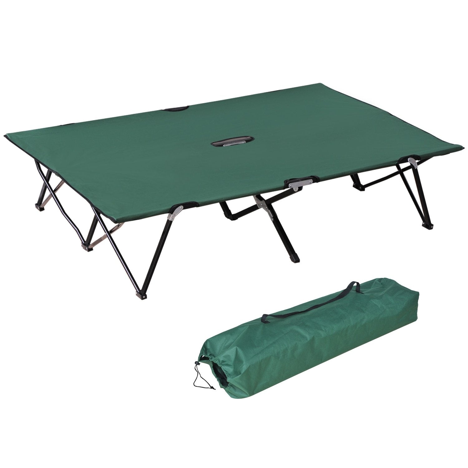 Sammenklappelig campingseng til 2 personer, sammenklappelig teltseng med bæretaske, holder op til 136 kg, stål Oxford Grøn + Sort, 193 X 125 X 40 Cm