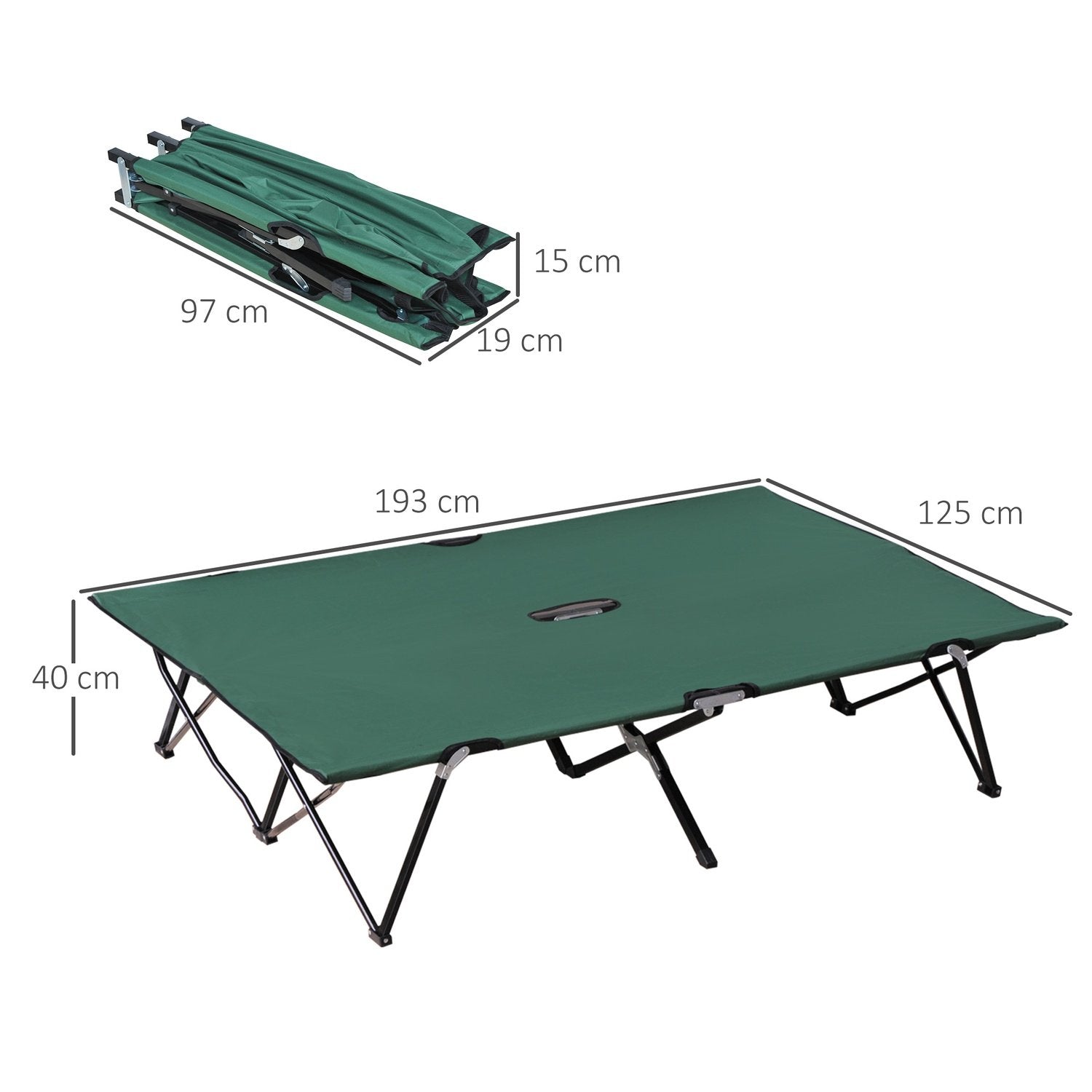 Sammenklappelig campingseng til 2 personer, sammenklappelig teltseng med bæretaske, holder op til 136 kg, stål Oxford Grøn + Sort, 193 X 125 X 40 Cm