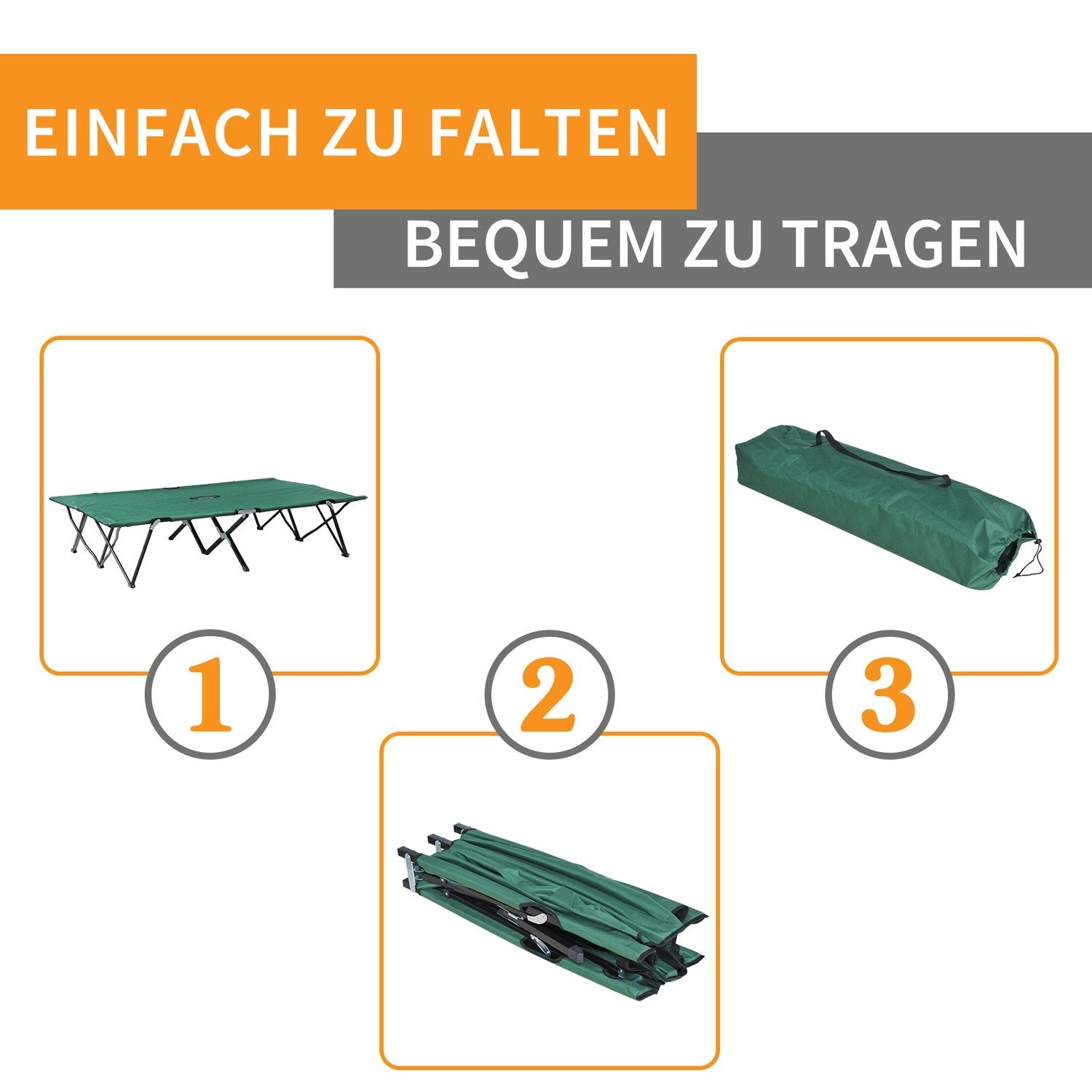 Sammenklappelig campingseng til 2 personer, sammenklappelig teltseng med bæretaske, holder op til 136 kg, stål Oxford Grøn + Sort, 193 X 125 X 40 Cm