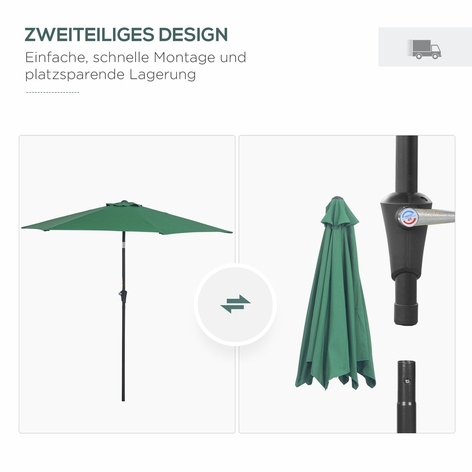 Sammenklappelig parasol haveparaply markedsparaply med håndsving aluminium 180/㎡ polyester mørkegrøn ∅2,7 X 2,35 M