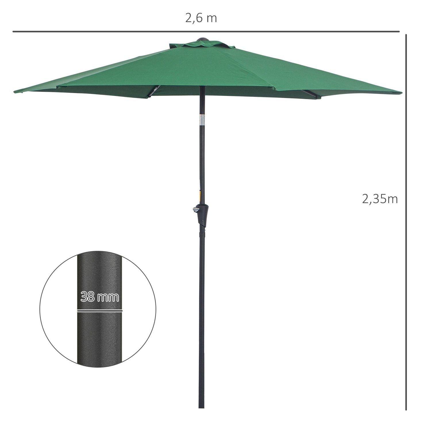 Sammenklappelig parasol haveparaply markedsparaply med håndsving aluminium 180/㎡ polyester mørkegrøn ∅2,7 X 2,35 M