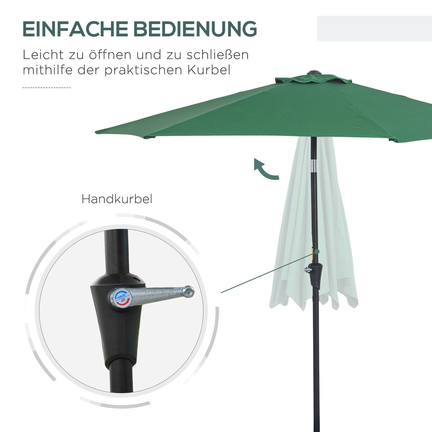 Sammenklappelig parasol haveparaply markedsparaply med håndsving aluminium 180/㎡ polyester mørkegrøn ∅2,7 X 2,35 M