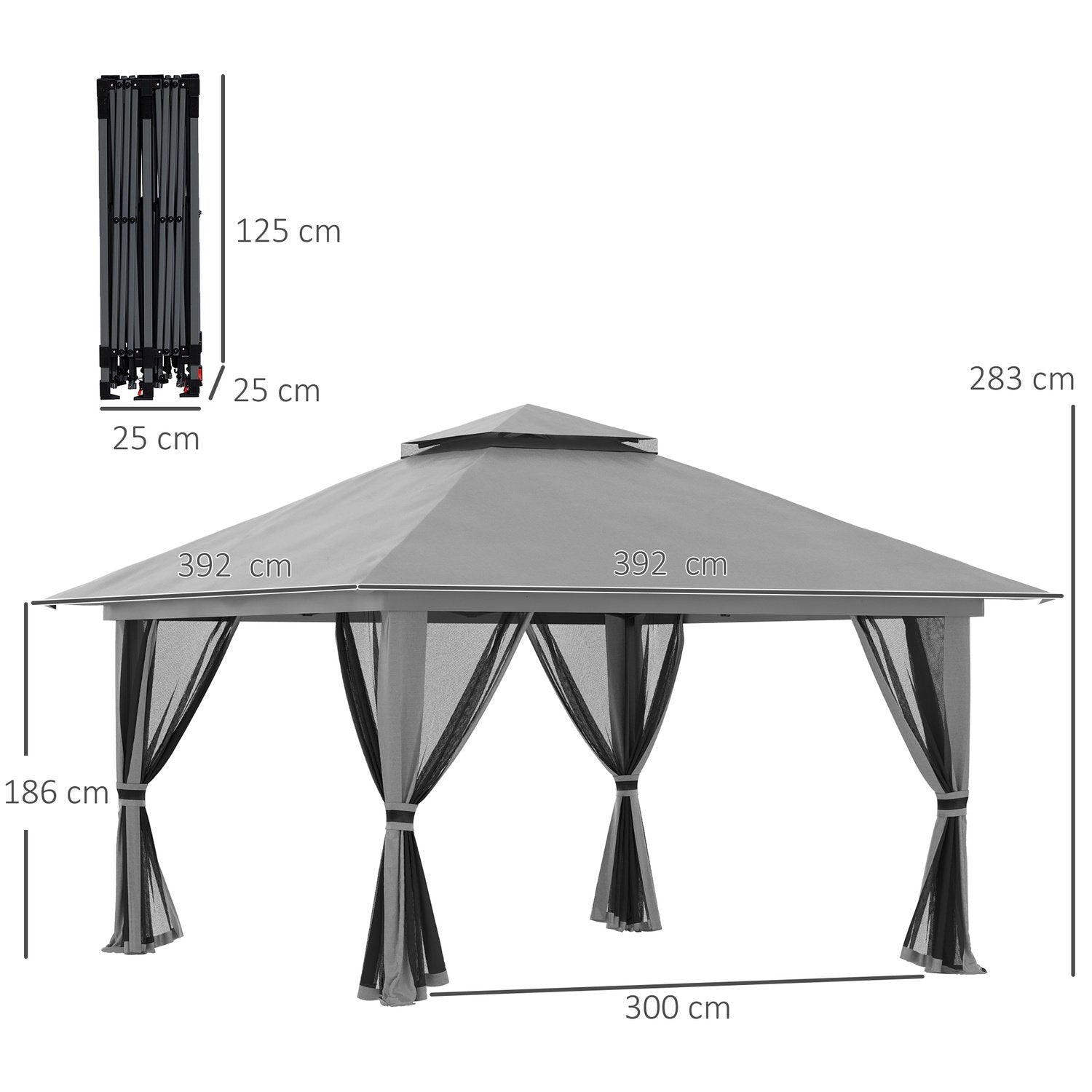 Foldepavillon 4X4M pop-up havepavillon med UV-beskyttelse og netvægge, dobbelttag, mørkegrå