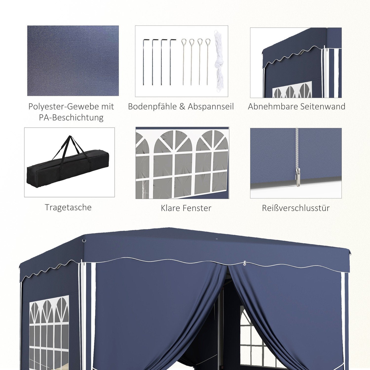 Outsolny Foldepavillon Ca. 3 X 3 M, Lysthus Med Sidevægge, Vindue, Telt, Havepavillon Med UV-beskyttelse, Festtelt Med Bæretaske, Blå.