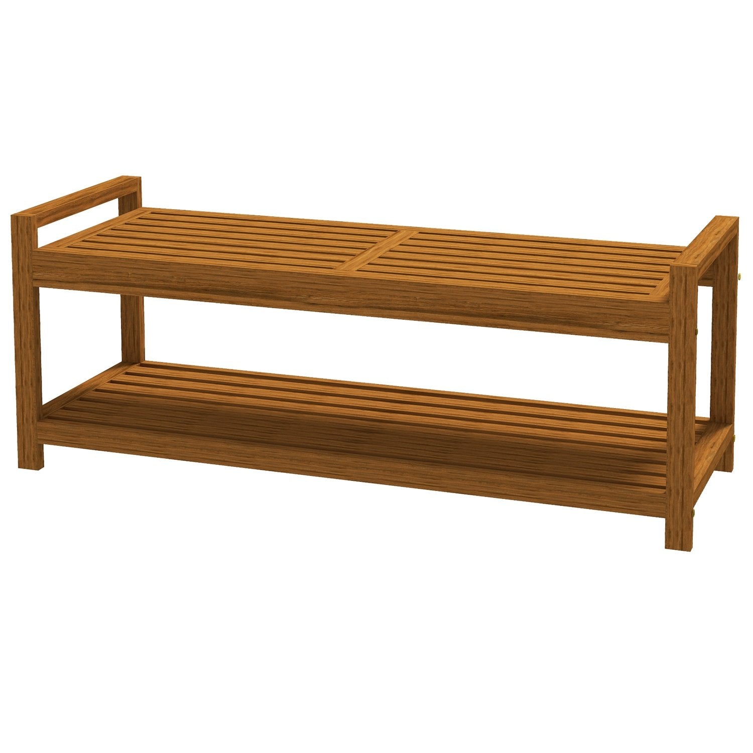 Trädgårdsbänk Med Armstöd Träbänk Med Hylla 2-Sits Parkbänk För Balkong, Terrass, Bärförmåga Upp Till 250 Kg, Teak, 118 X 40,5 X 46 Cm