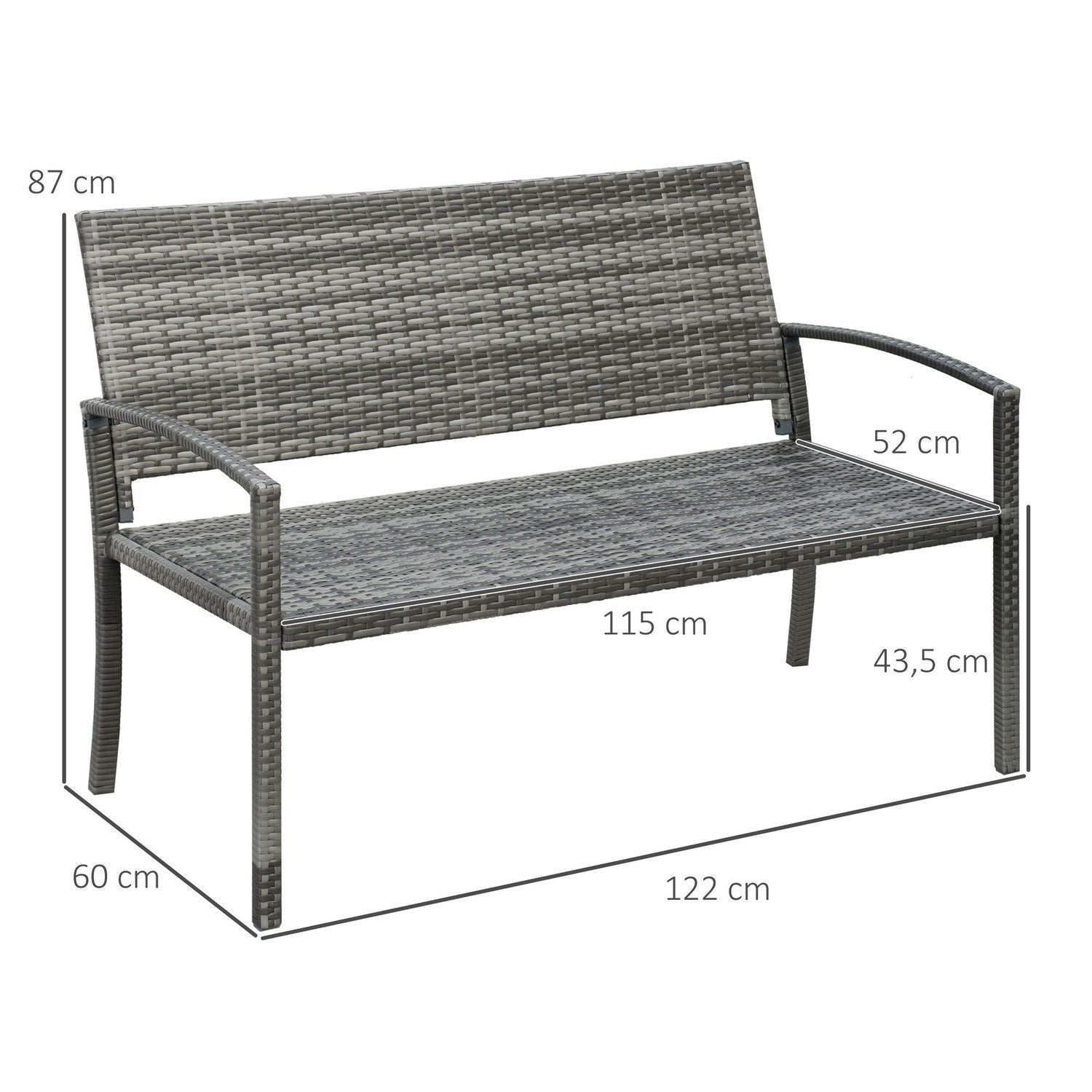 Trädgårdsbänk, Bänk I Rottinglook, Parkbänk Med Stålstomme, Balkongbänk För 2 Personer, Trädgårdsmöbler, Bärförmåga Upp Till 320 Kg, Grå