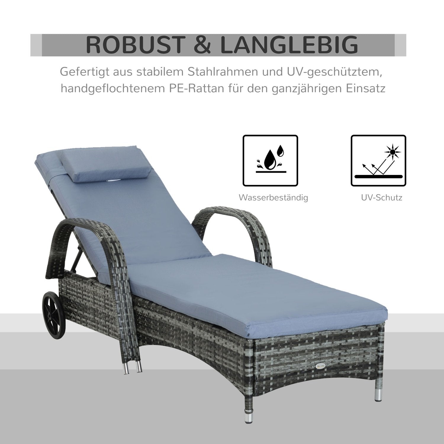 Havemøbler Havestol Solseng Mobil med Hynde, Polyrattan + Metal, Grå, 200X73X30-103Cm