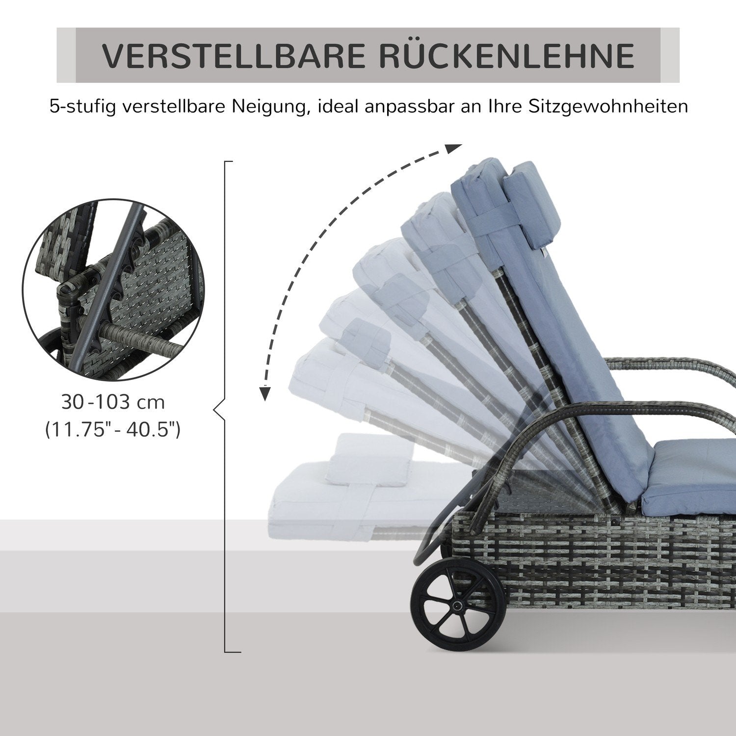 Havemøbler Havestol Solseng Mobil med Hynde, Polyrattan + Metal, Grå, 200X73X30-103Cm