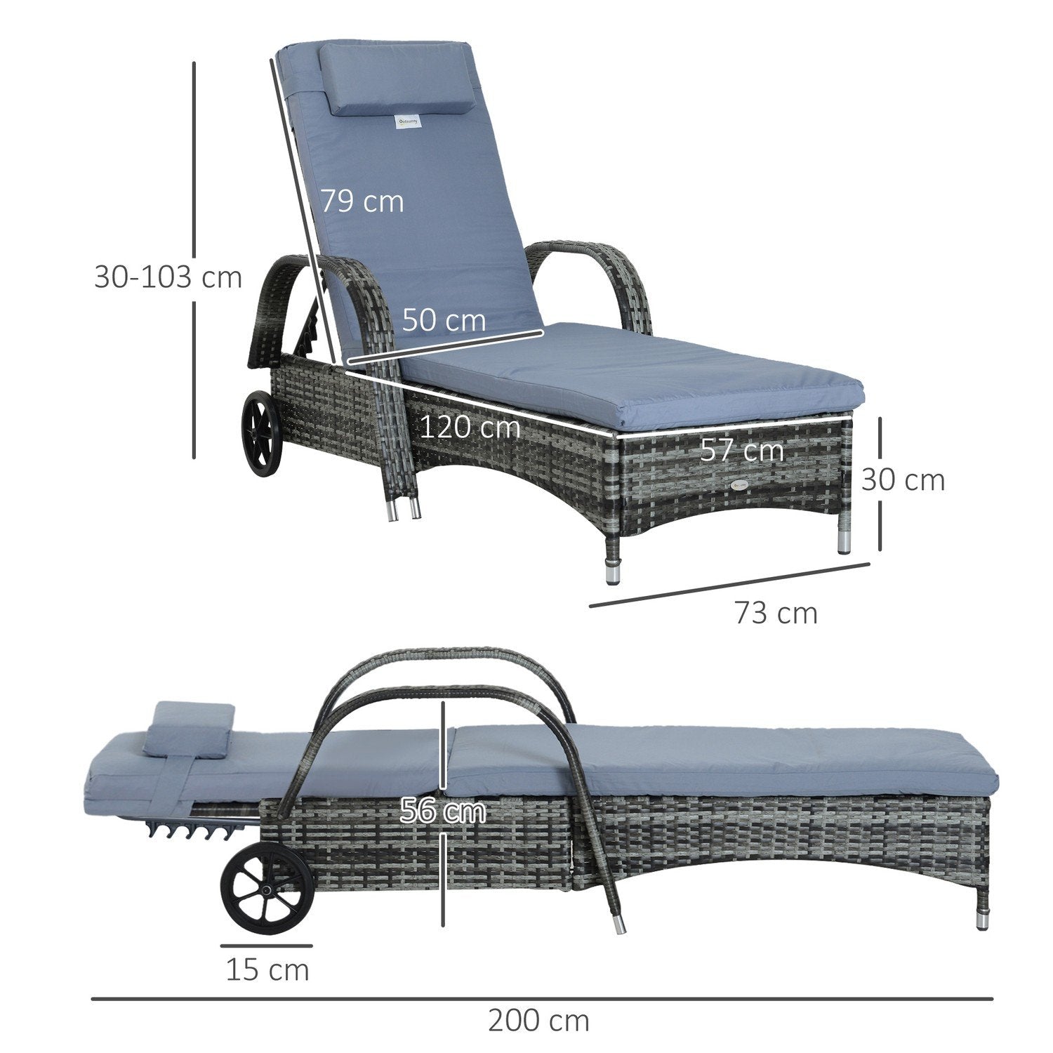 Havemøbler Havestol Solseng Mobil med Hynde, Polyrattan + Metal, Grå, 200X73X30-103Cm