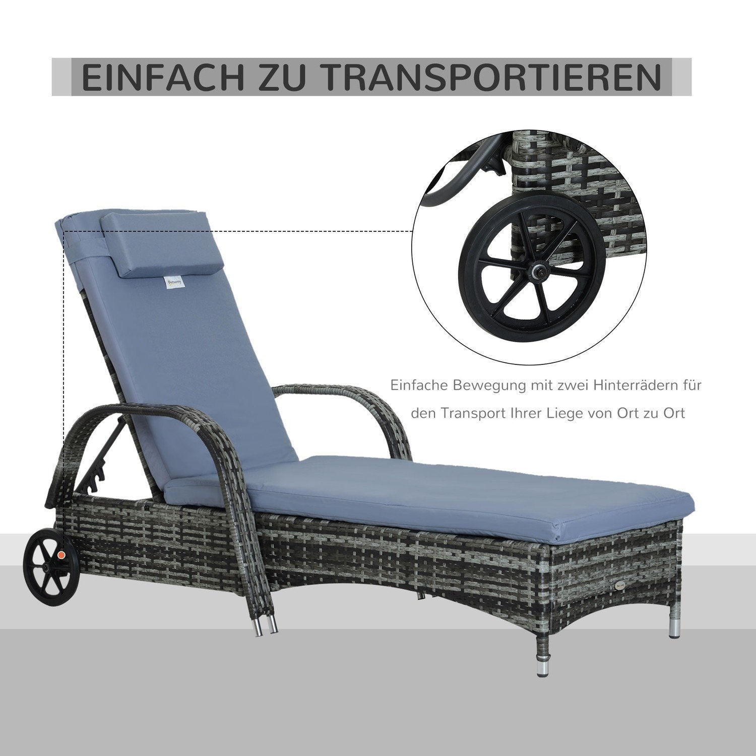 Havemøbler Havestol Solseng Mobil med Hynde, Polyrattan + Metal, Grå, 200X73X30-103Cm