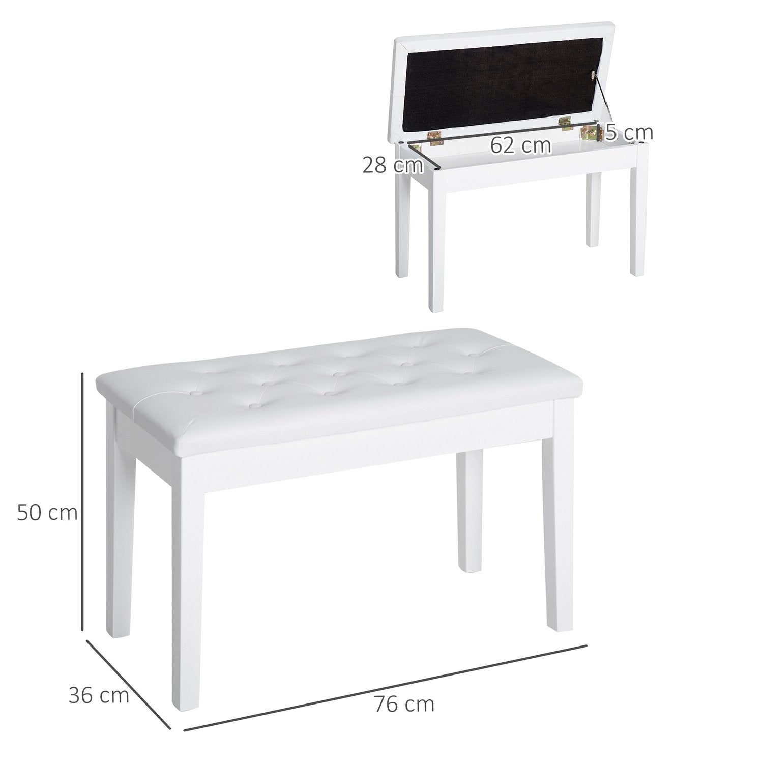 Klaverskammel Klaverbænk Traditionel landlig stil Kosmetisk skammel Opbevaringsplads Gummi Træ Kunstlæder Hvid 76 X 36 X 50 Cm